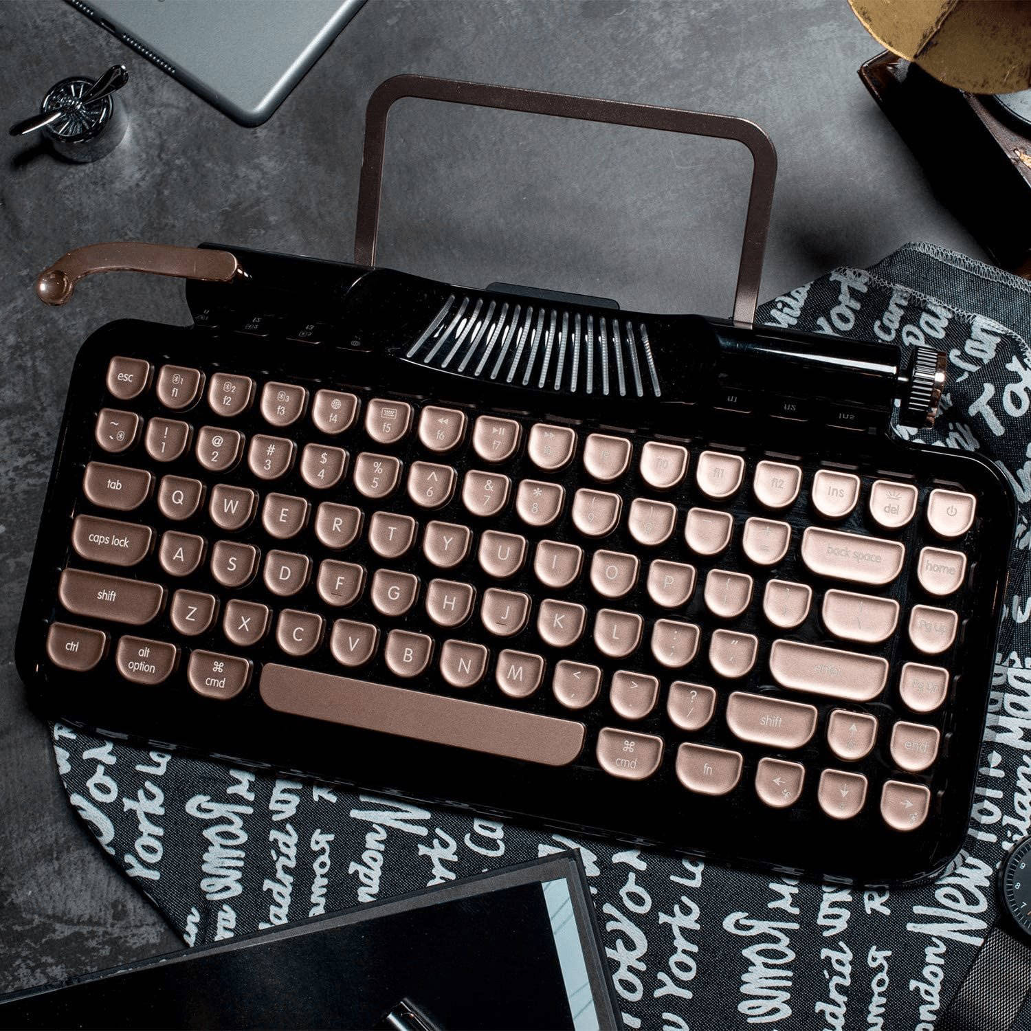 rose gold keys, vintage-style mechanical keyboard, patterned cloth, HD Desktop Wallpaper