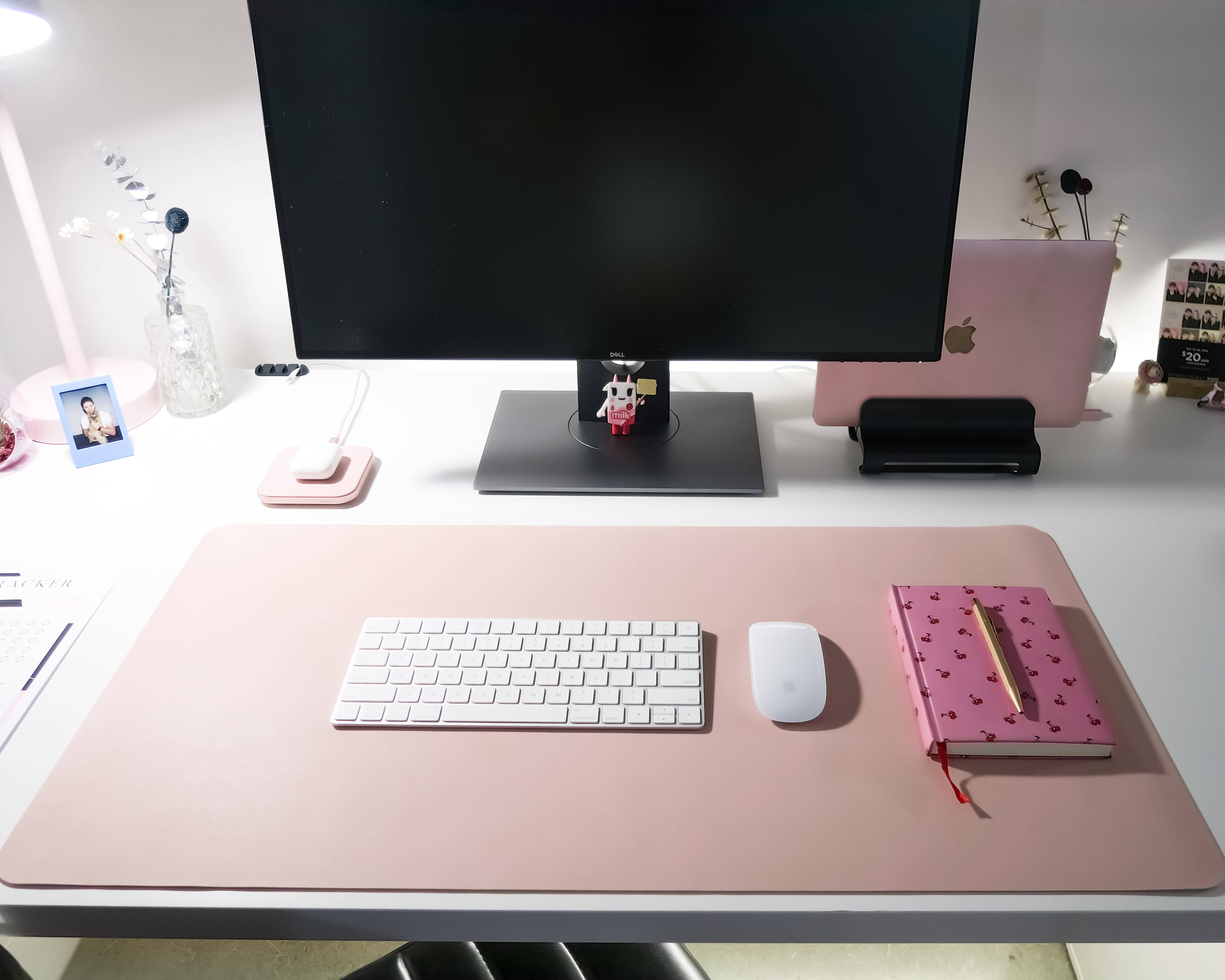 rose gold laptop pad, minimalist white desk, pink mousepad, 4K Desktop Wallpaper