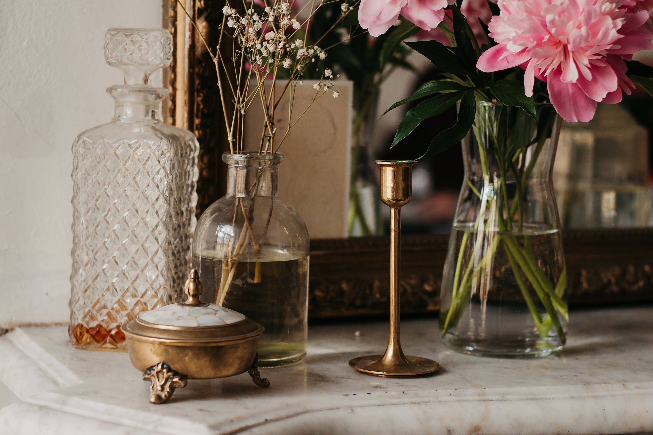 Rose Gold Marble, pink peonies, brass candlestick, Full HD Desktop Wallpaper