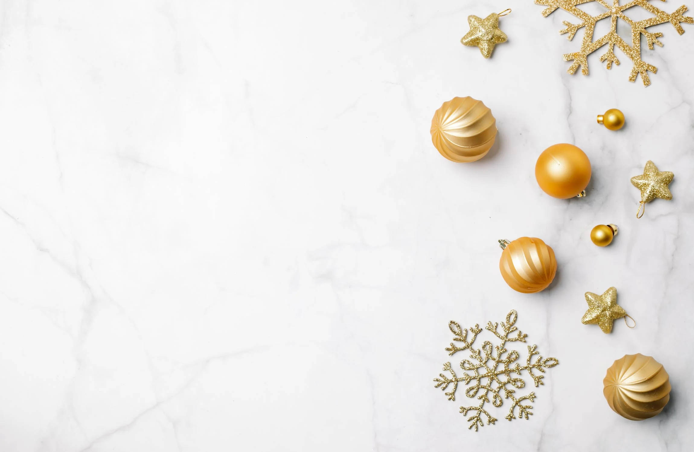 Rose Gold Marble, Golden Christmas ornaments, snowflakes, Full HD Desktop Wallpaper