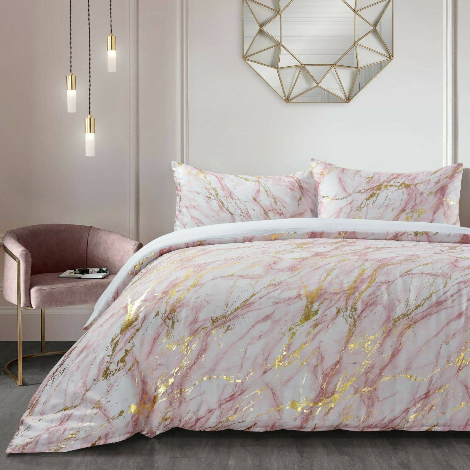 Rose Gold Marble, pink and gold marble patterned bedding, warm pendant lights, HD Desktop Wallpaper