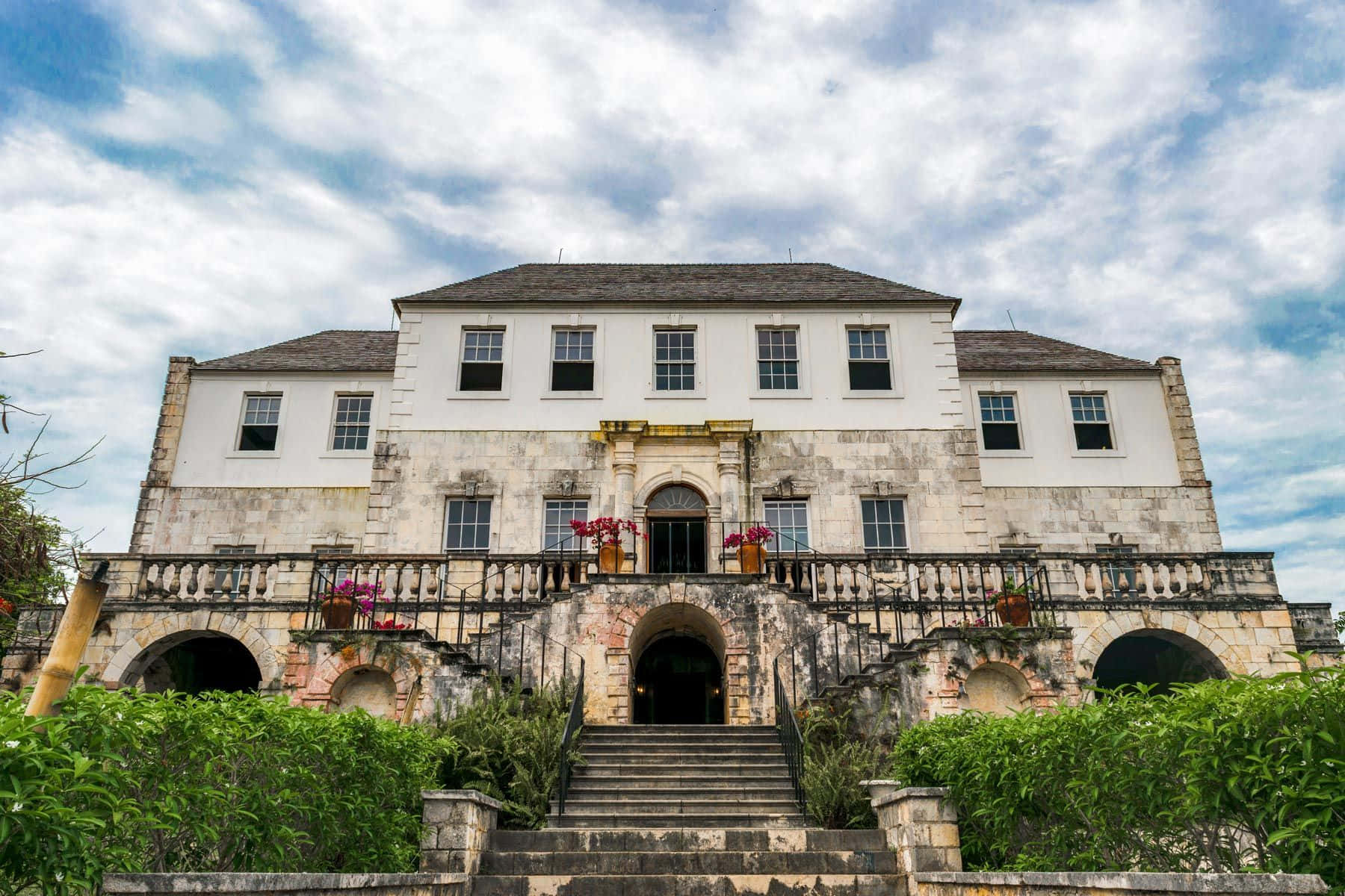 Rose Hall Great House, partially cloudy sky, stone arches, HD Desktop Wallpaper