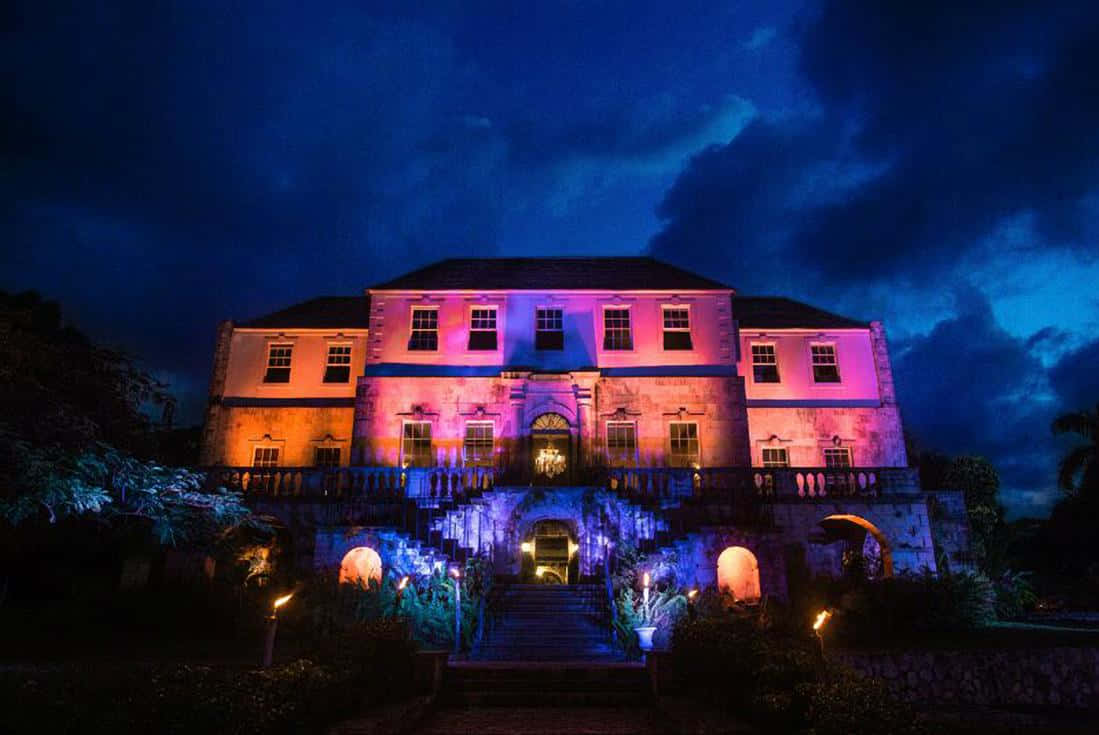 Rose Hall Great House, night lights, vibrant pink and blue lights, SD Desktop Wallpaper