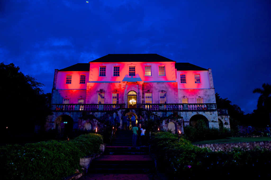 Rose Hall Great House, blue evening sky, vibrant pink light, SD Desktop Wallpaper