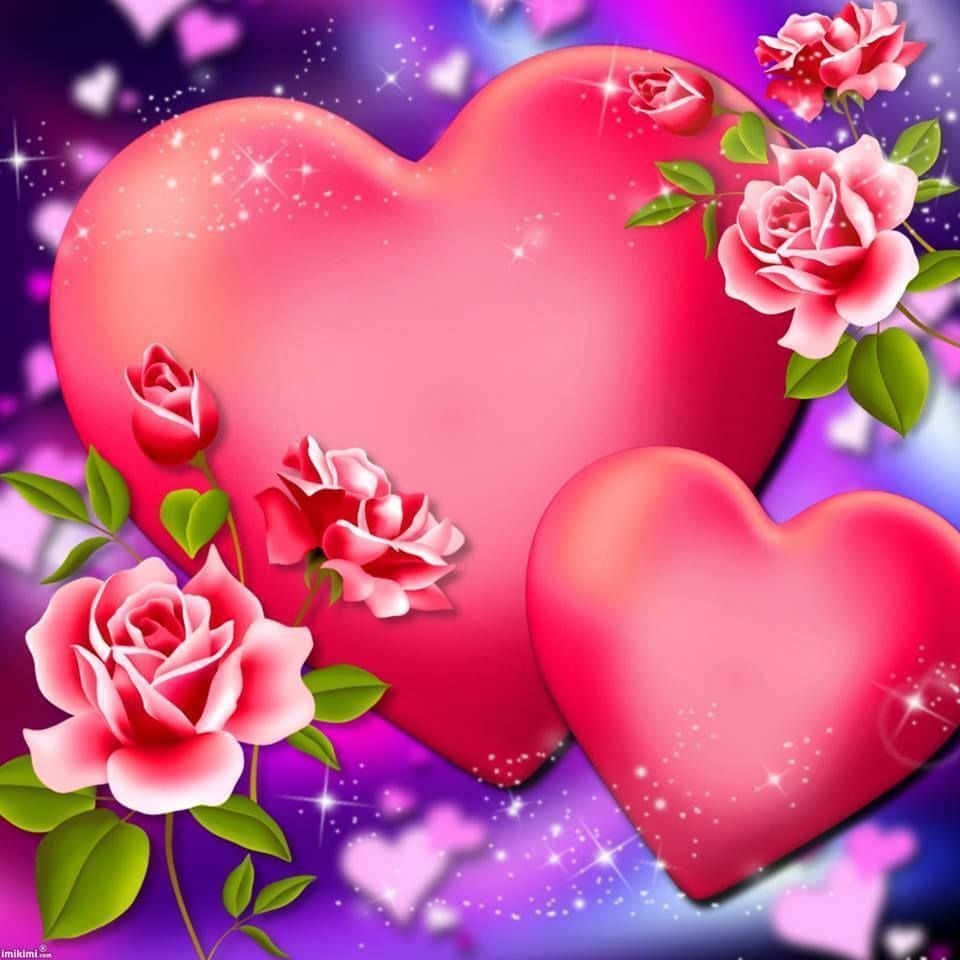 Rose Heart, glossy pink hearts, sparkling purple background, SD Desktop Wallpaper