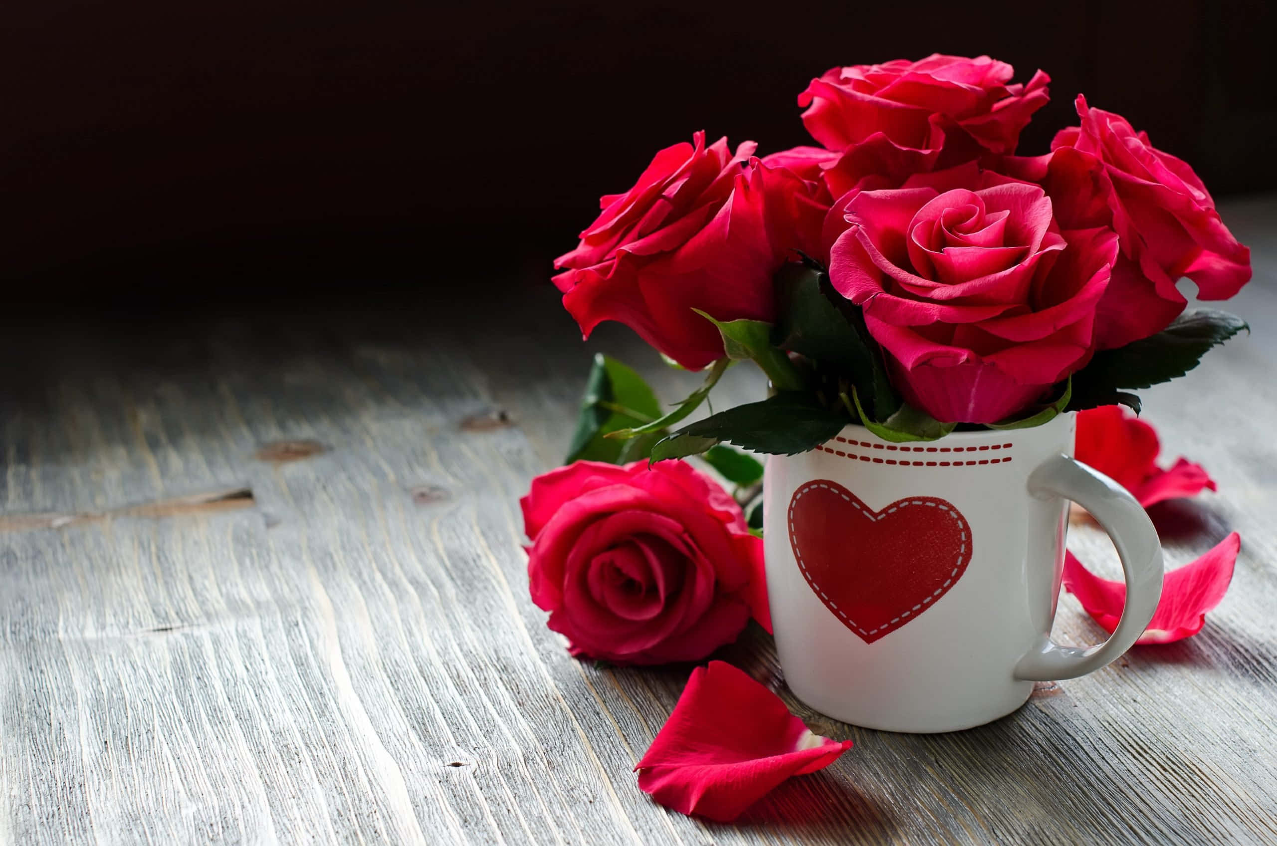 Rose Heart, vibrant red roses, white mug with a heart design, 2K Desktop Wallpaper