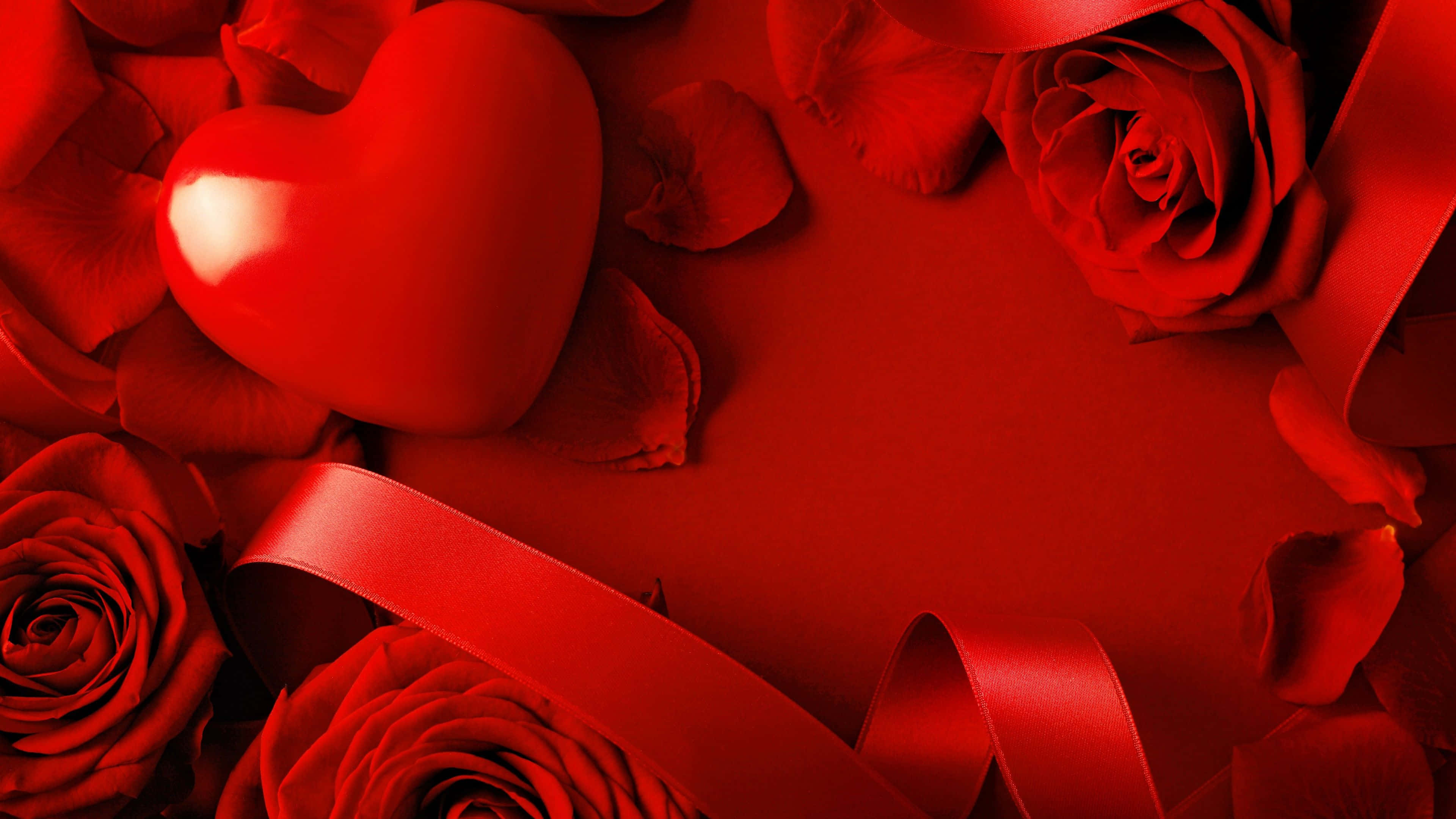 Rose Heart, satin ribbon, deep red background, 4K Desktop Wallpaper