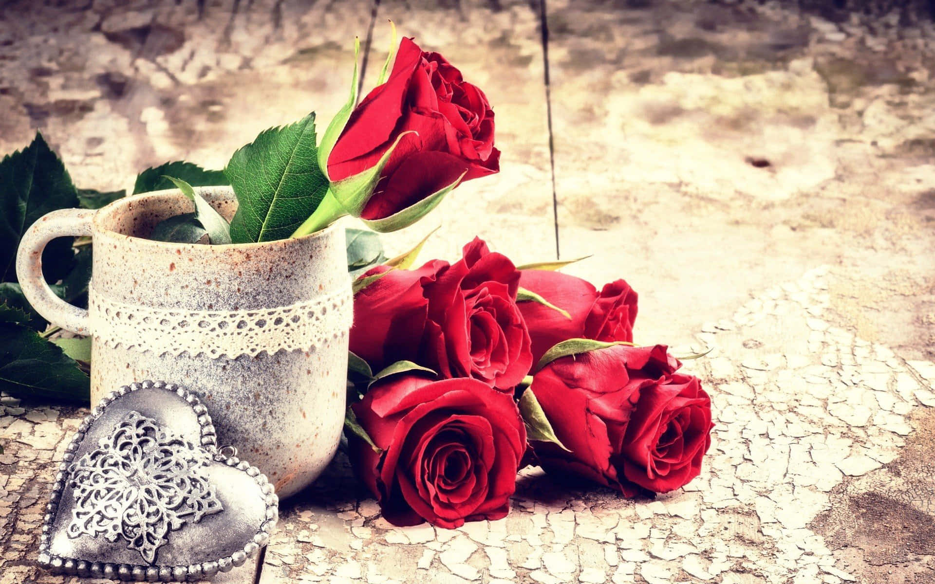 rose heart, rustic ceramic mug, lace trim, Full HD Desktop Wallpaper