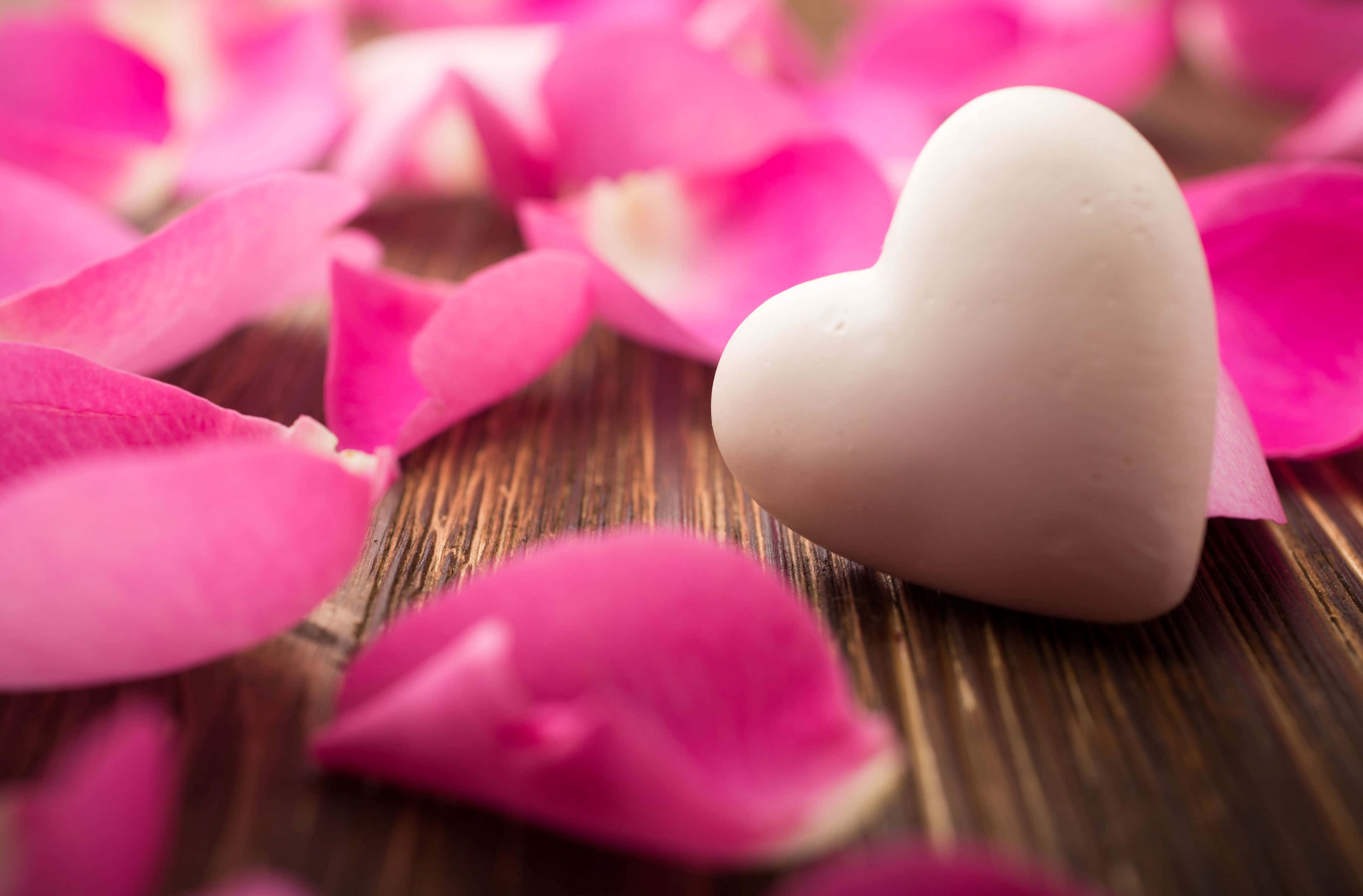 Rose Heart, white heart-shaped stone, vibrant pink rose petals, 2K Desktop Wallpaper