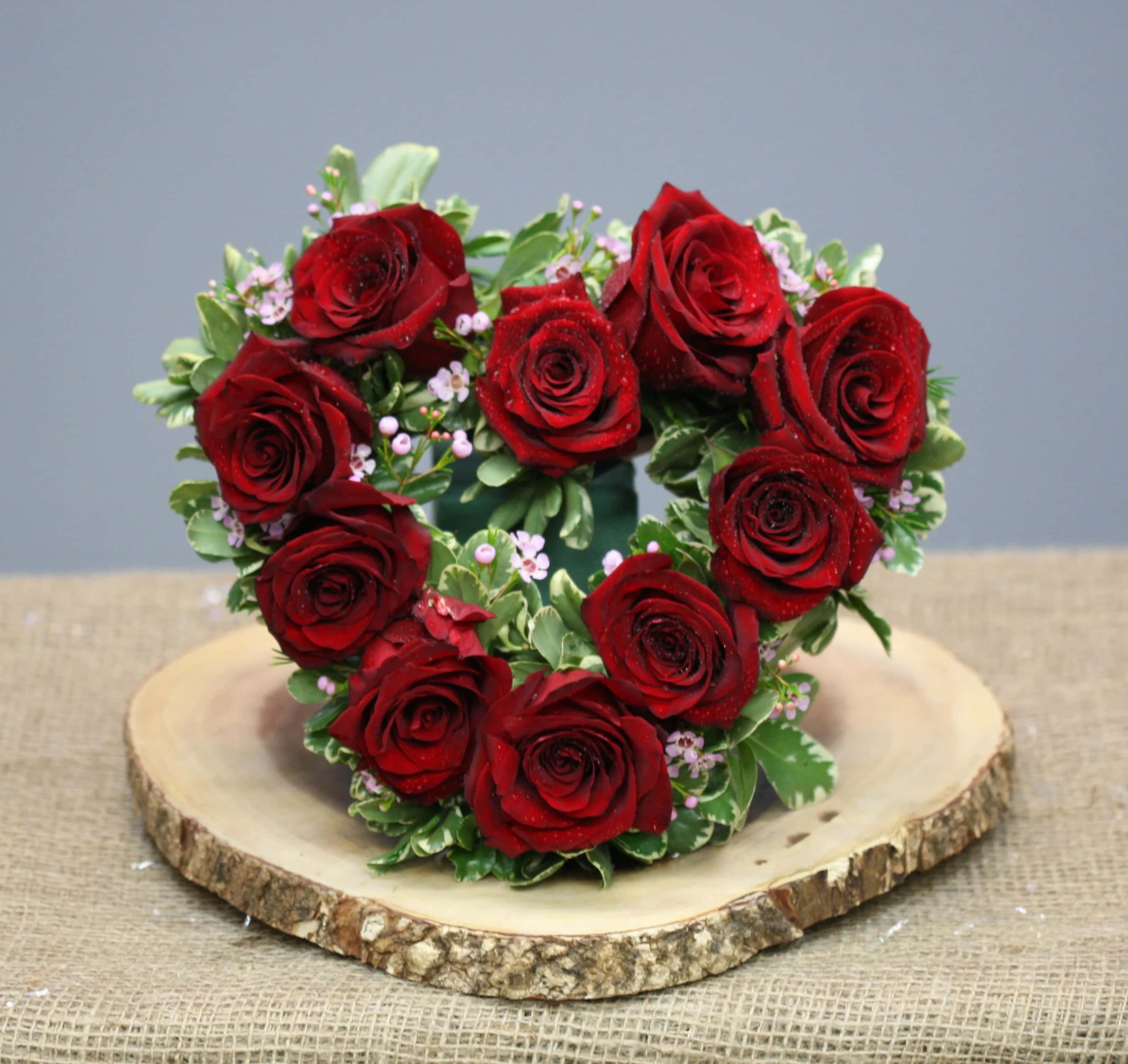 Rose Heart, deep red roses, green leaves, 2K Desktop Wallpaper