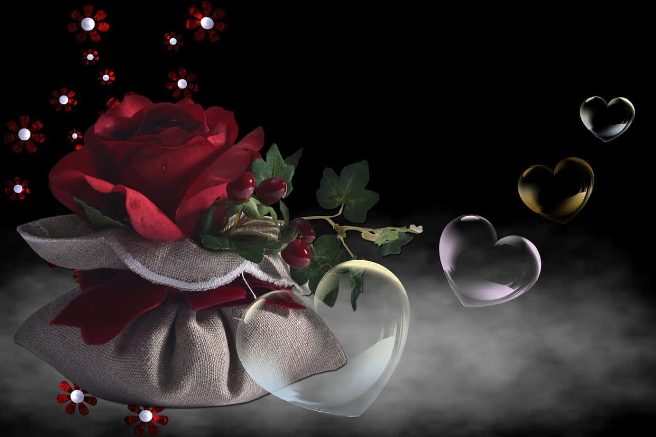Rose Heart, red rose, burlap pouch, HD Desktop Wallpaper