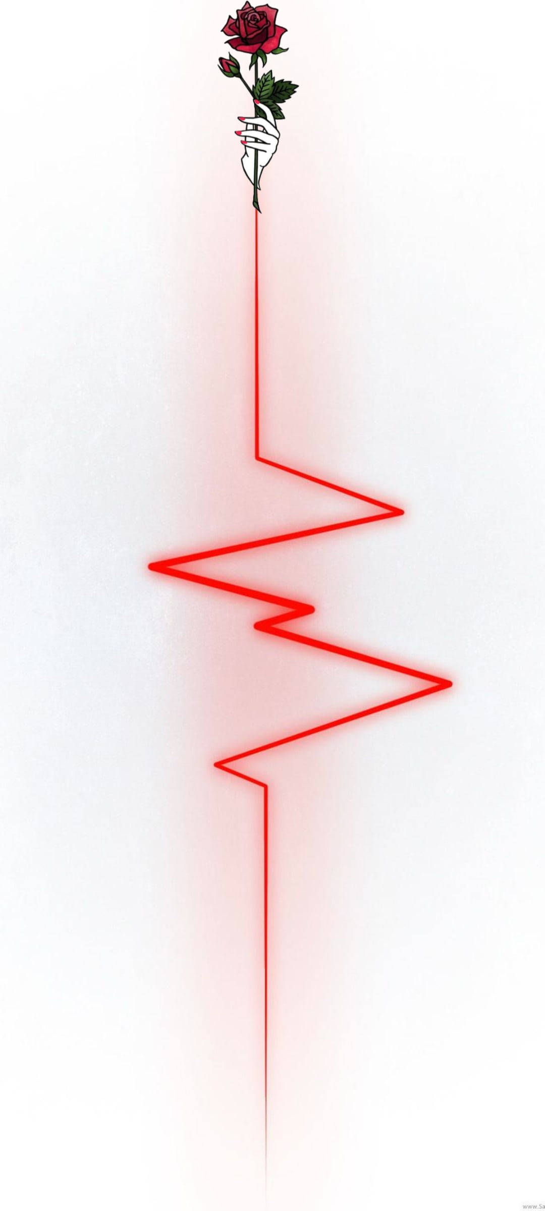 middle punch hole rose, red rose, glowing red zigzag line, Full HD Phone Wallpaper