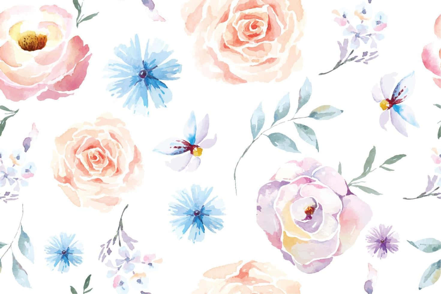 rose laptop, watercolor floral pattern, blue flowers, HD Desktop Wallpaper