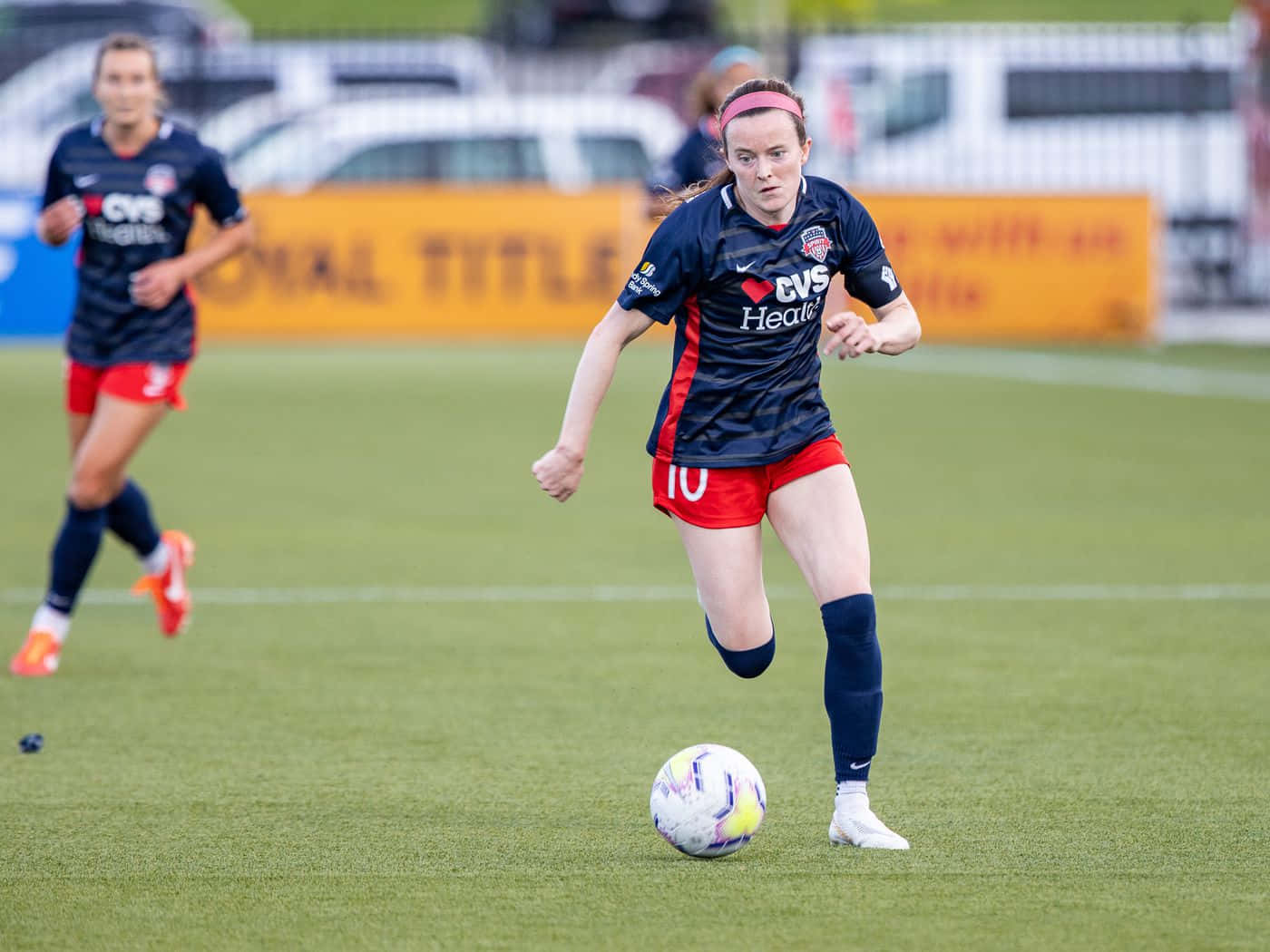 Rose Lavelle, navy and red uniform, white and purple soccer ball, HD Desktop Wallpaper