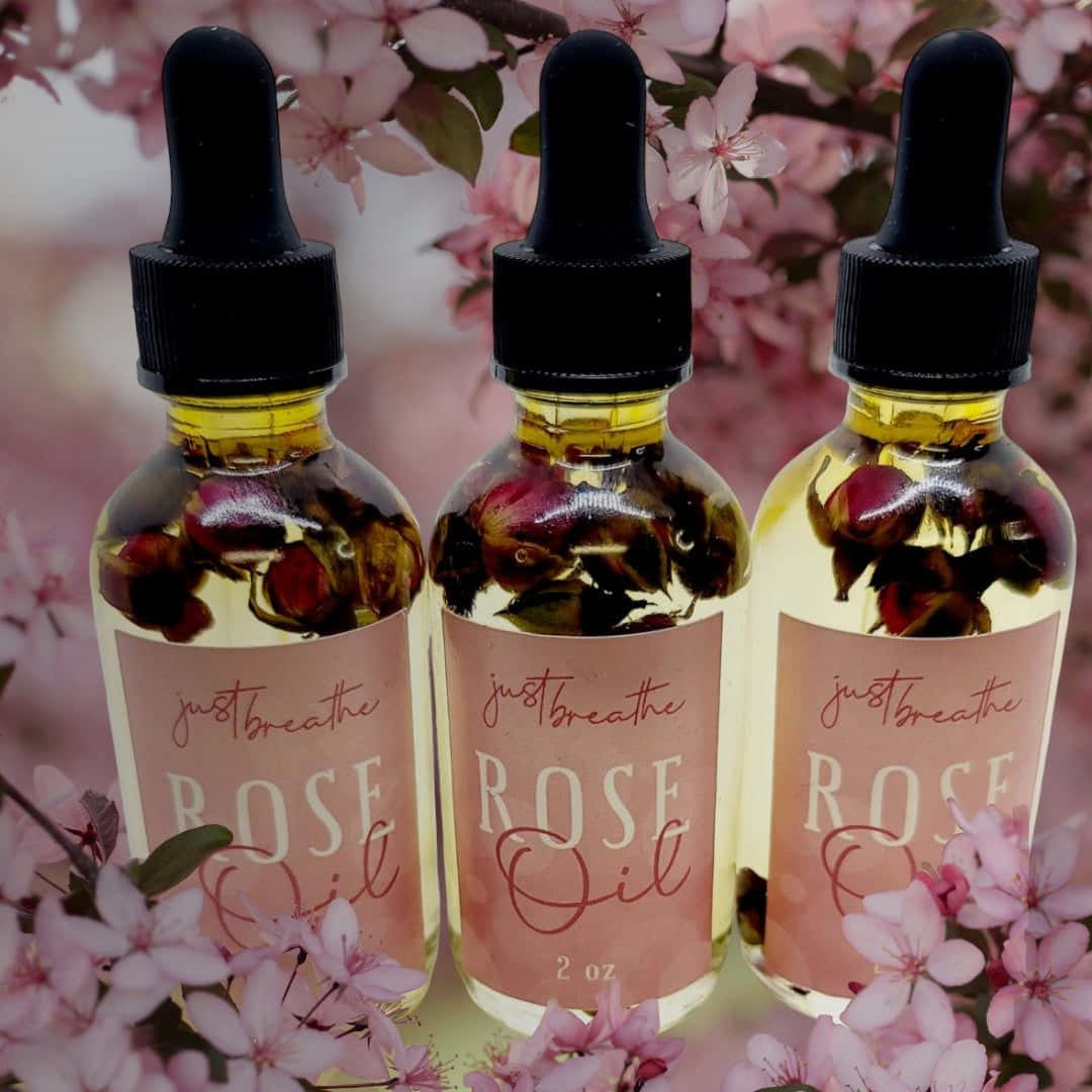 rose oil, glass bottles, dried rose petals, SD Desktop Wallpaper