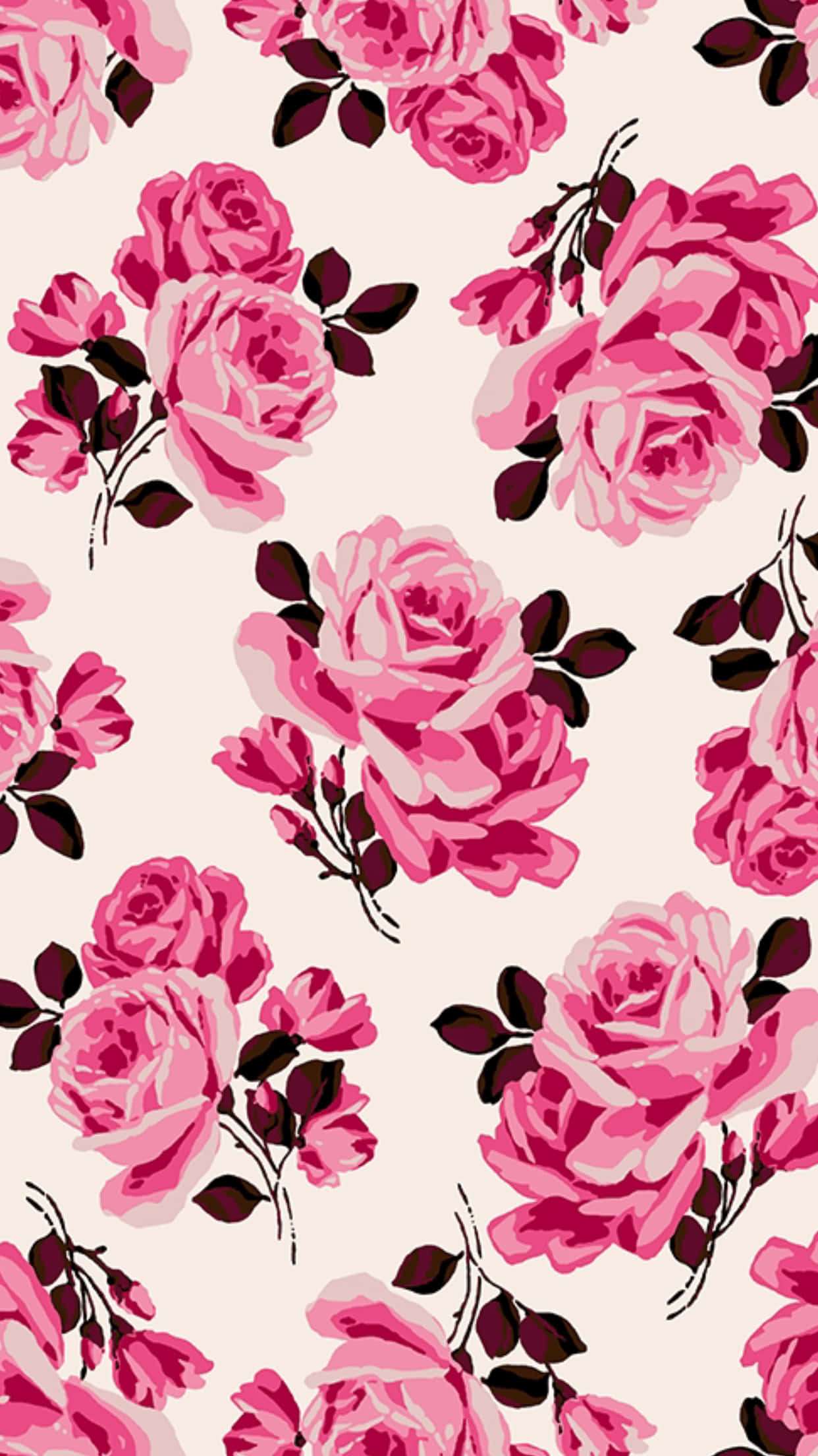rose pattern, vibrant pink roses, dark green leaves, Full HD Phone Wallpaper