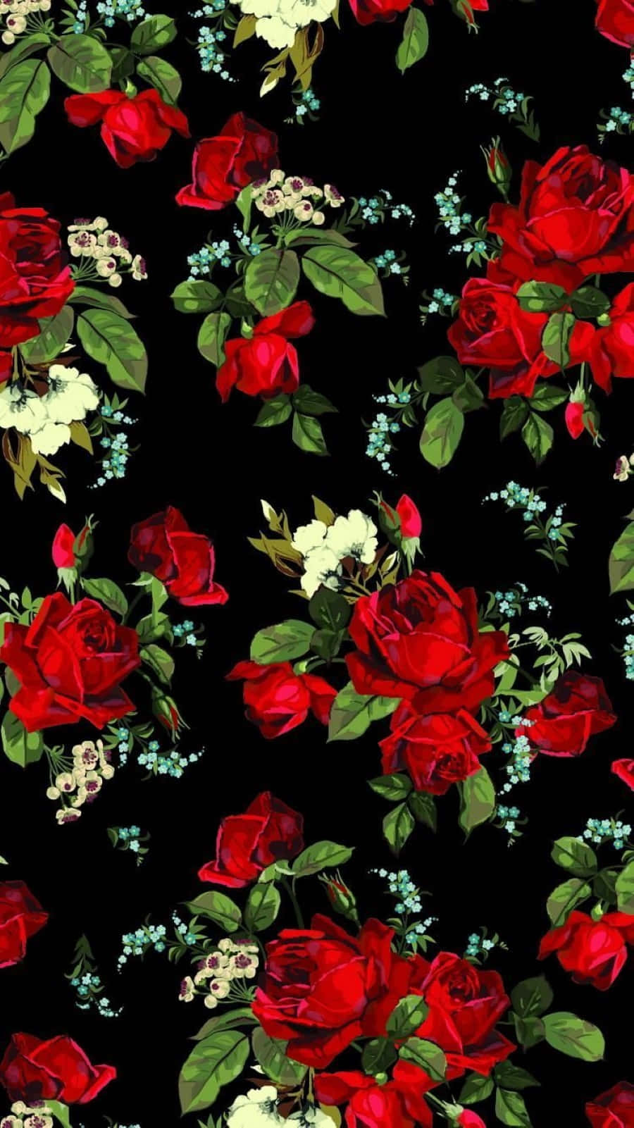 rose pattern, vibrant red roses, white blooms, HD Phone Wallpaper