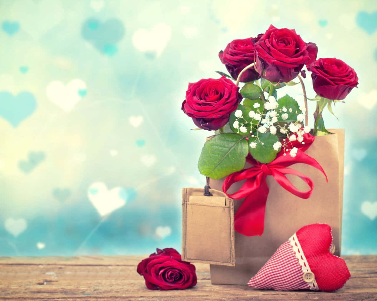 Rose Heart Shaped Arrangement, brown paper bag, vibrant red roses, HD Desktop Wallpaper