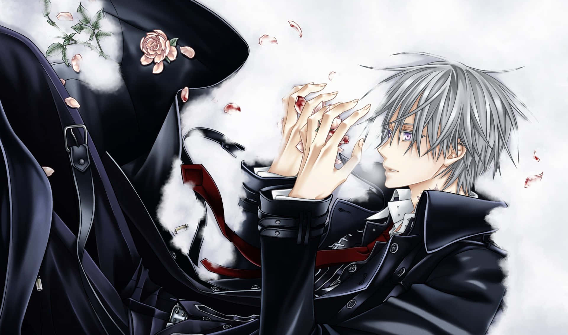 silver-haired anime man, black coat, ghostly figure, Full HD Desktop Wallpaper