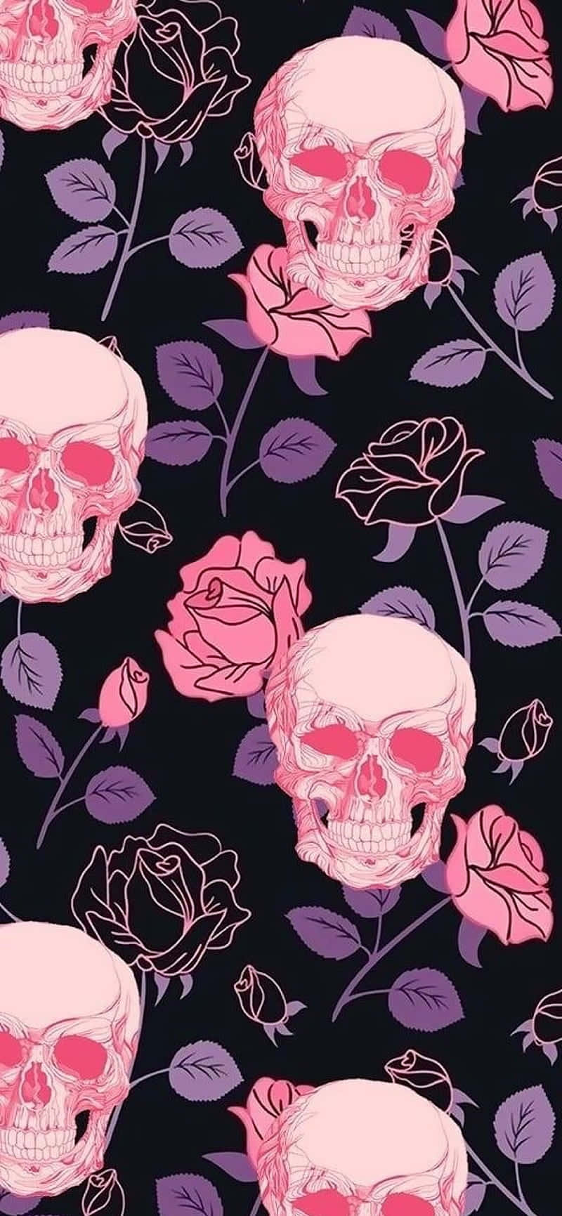 pink skulls, glowing red eyes, blooming roses, HD Phone Wallpaper