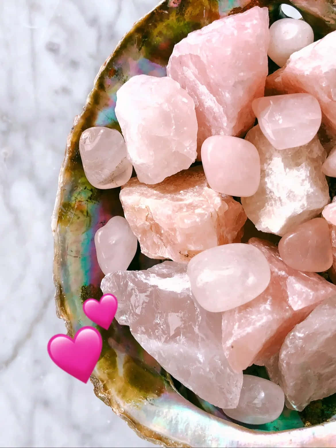 rose quartz crystals, abalone shell, marble surface, HD Phone Wallpaper