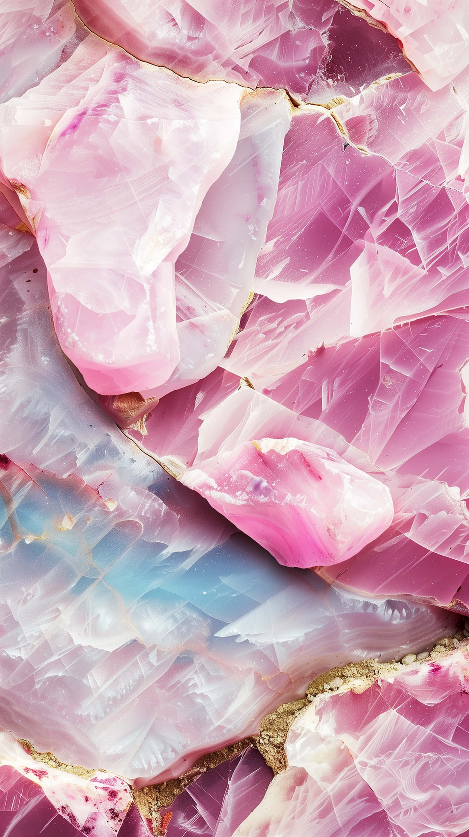 rose quartz, fractured pink and blue agate slices, layered crystalline patterns, 2K Phone Wallpaper