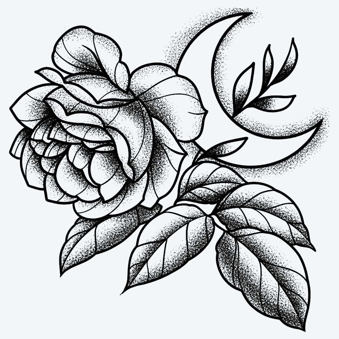 rose symbol, black and white dotwork illustration, blooming rose, SD Desktop Wallpaper