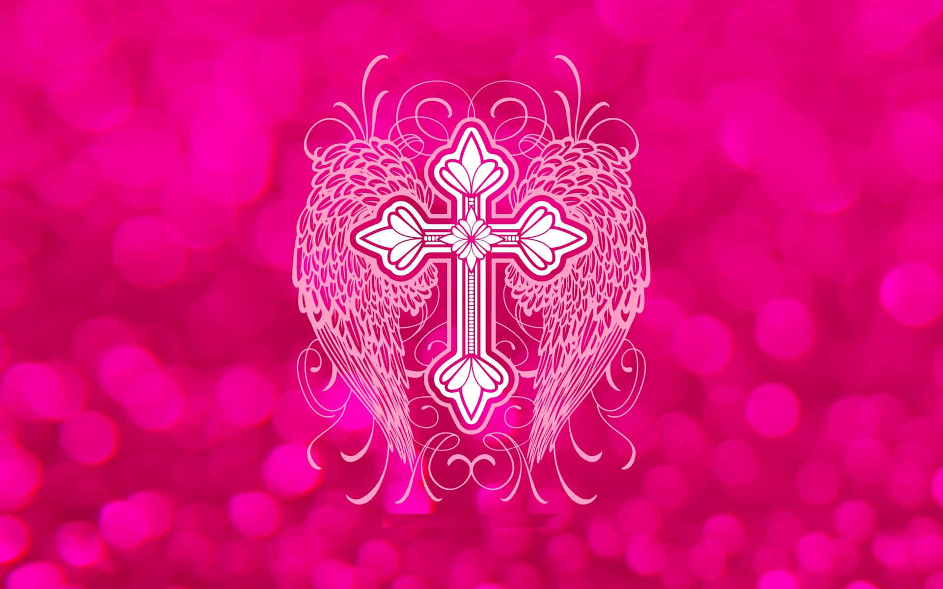 pink cross, white ornate cross, feathered wings, Full HD Desktop Wallpaper