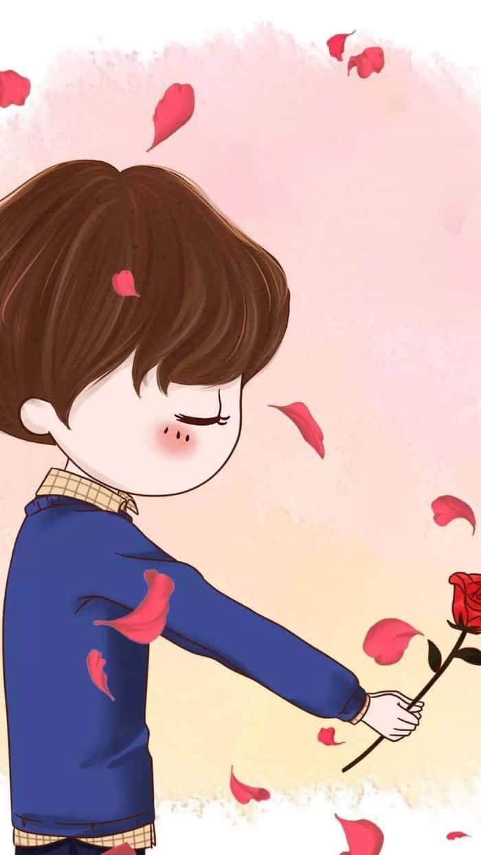 anime boy, blue sweater, red rose, SD Phone Wallpaper