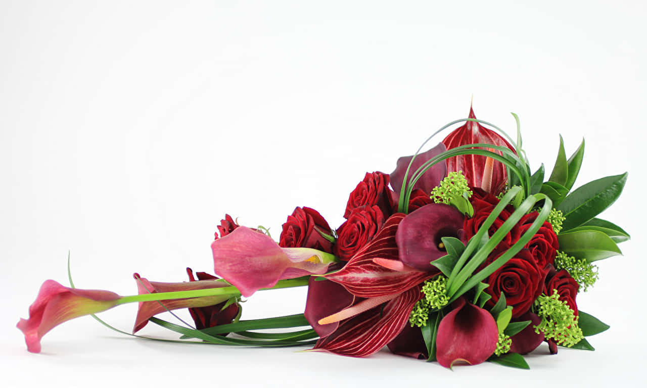deep red roses, calla lilies, greenery, HD Desktop Wallpaper
