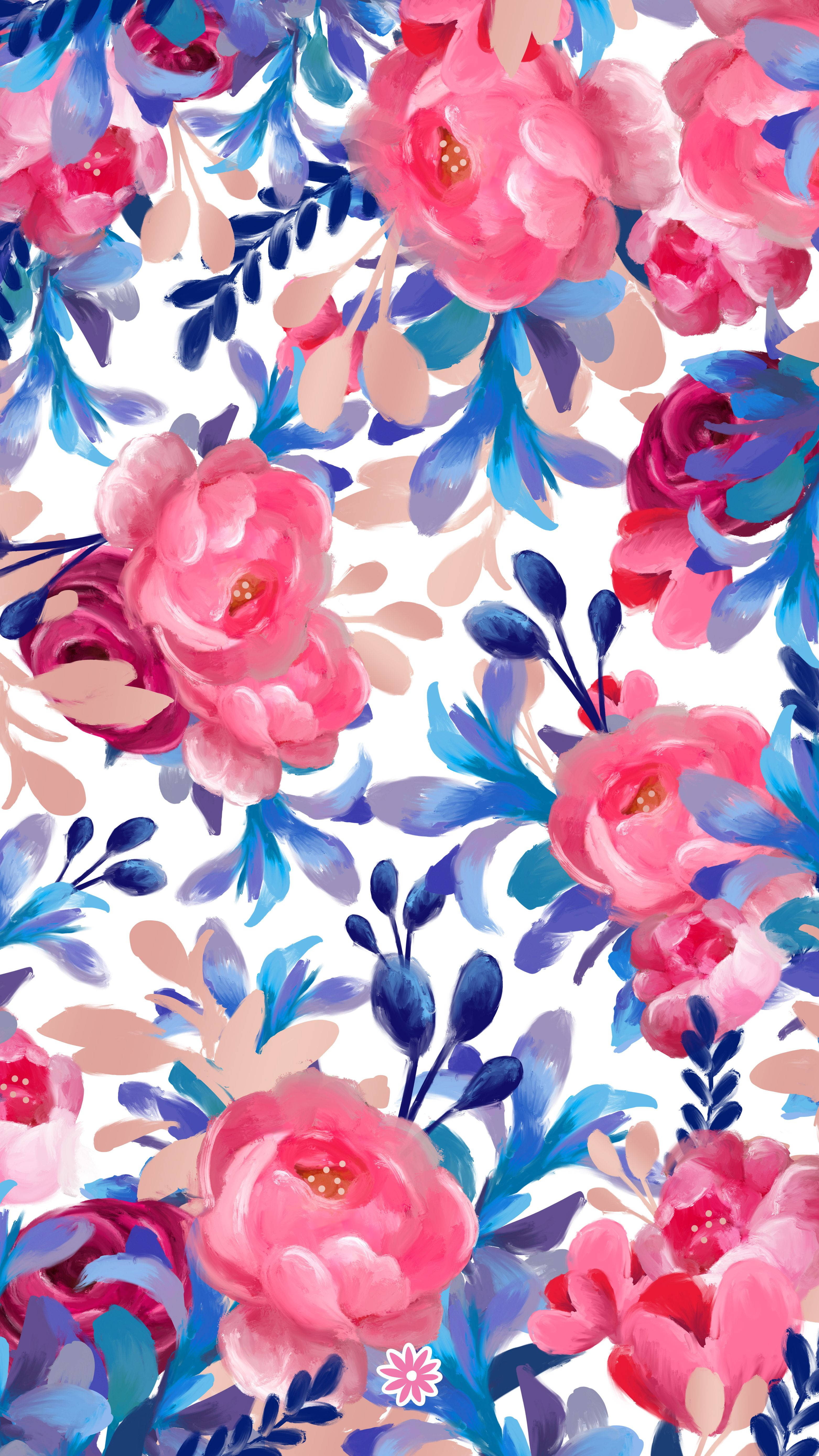 floral red and blue phone, vibrant watercolor floral pattern, pink roses, 5K Phone Wallpaper