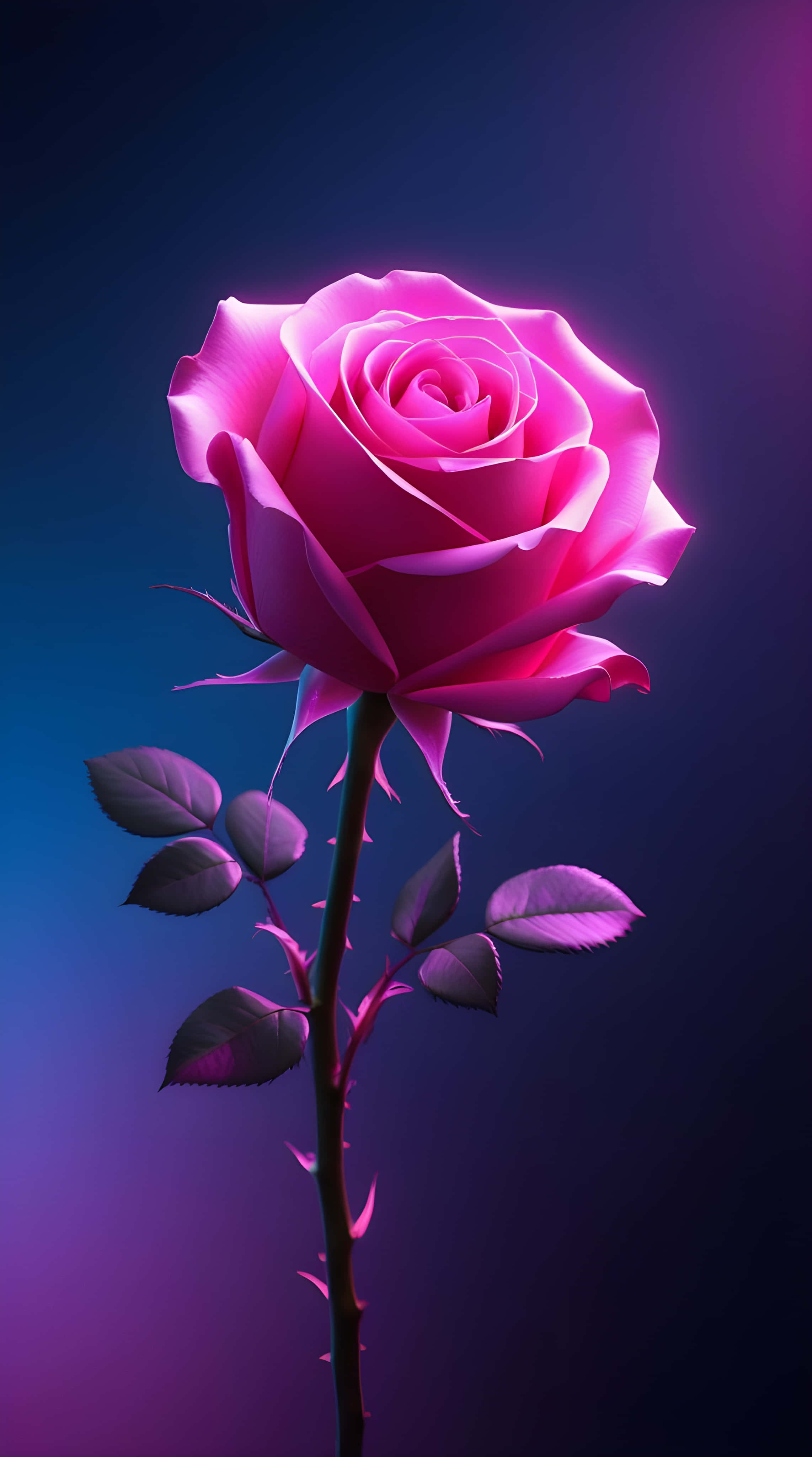 luminous pink rose, glowing petals, gradient blue and purple background, 4K Phone Wallpaper