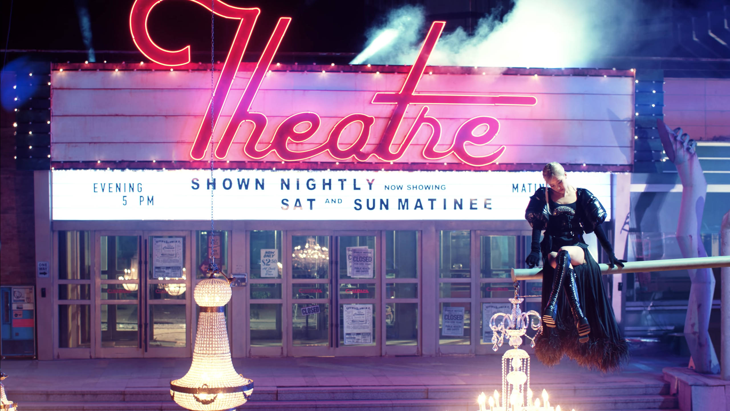 Roseanne Park, theater marquee, pink neon lights, 2K Desktop Wallpaper