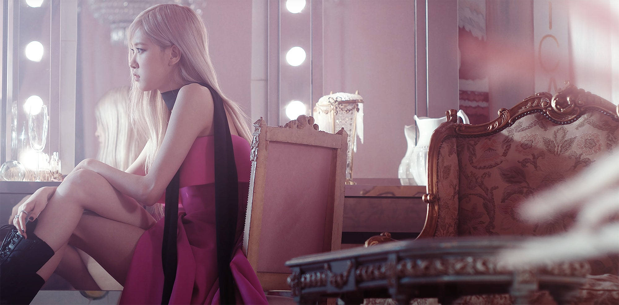 Roseanne Park, pink dress, ornate chair, Full HD Desktop Wallpaper