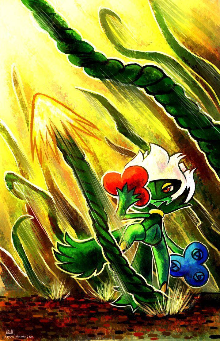 Roserade, green dragon-like creature, red heart emblem, SD Phone Wallpaper