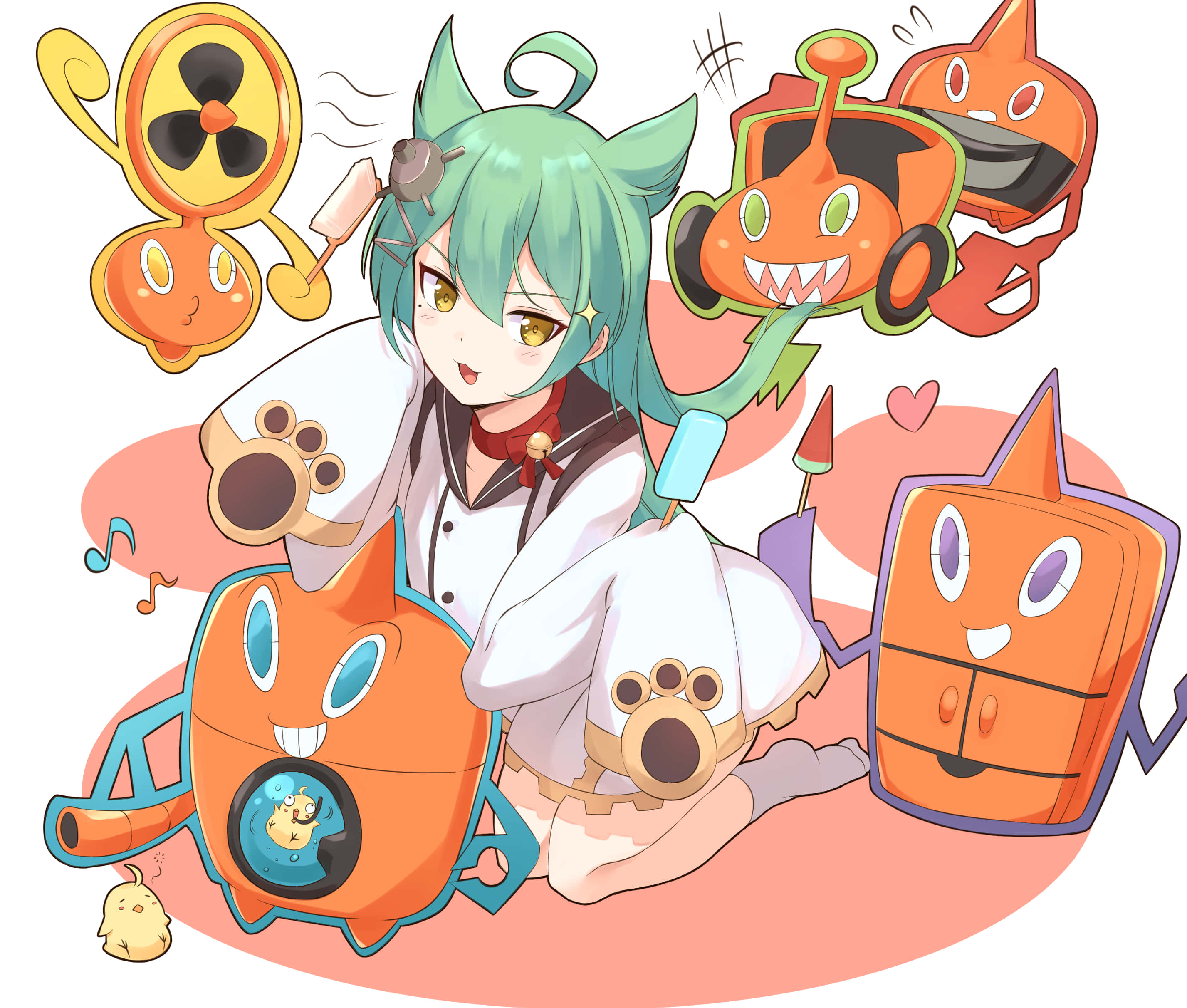 Rotom, anime girl, teal hair, 2K Desktop Wallpaper