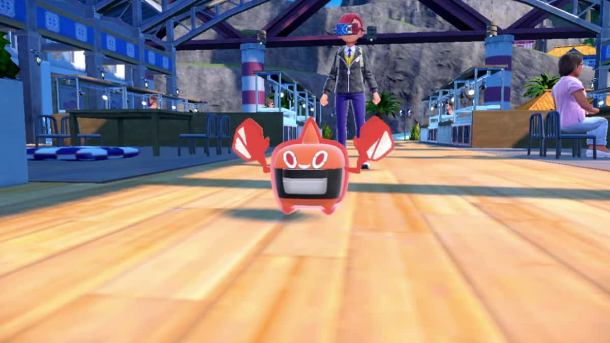 Running Rotom Toaster, red crab-like Pokémon, wooden platform, SD Desktop Wallpaper