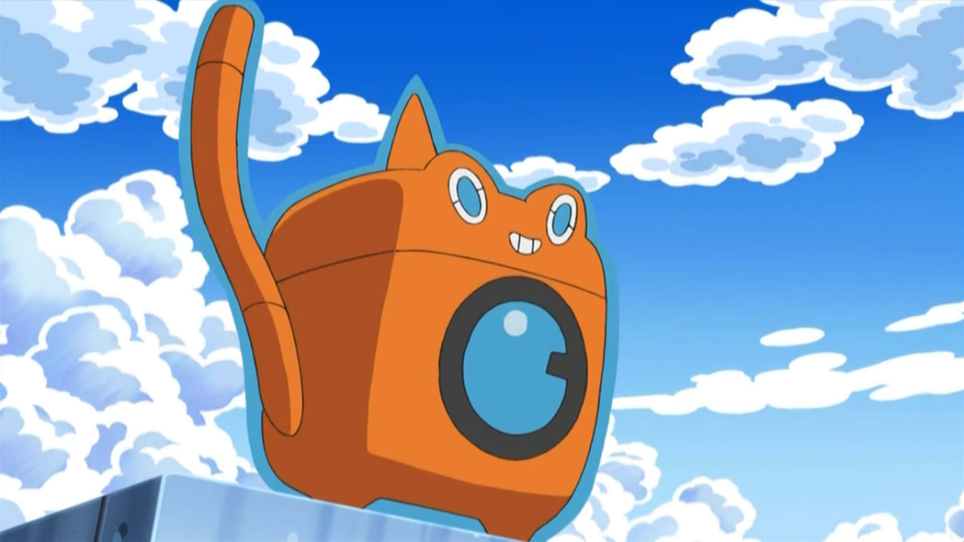 Rotom, orange cat-like anime character, large blue eye, Full HD Desktop Wallpaper