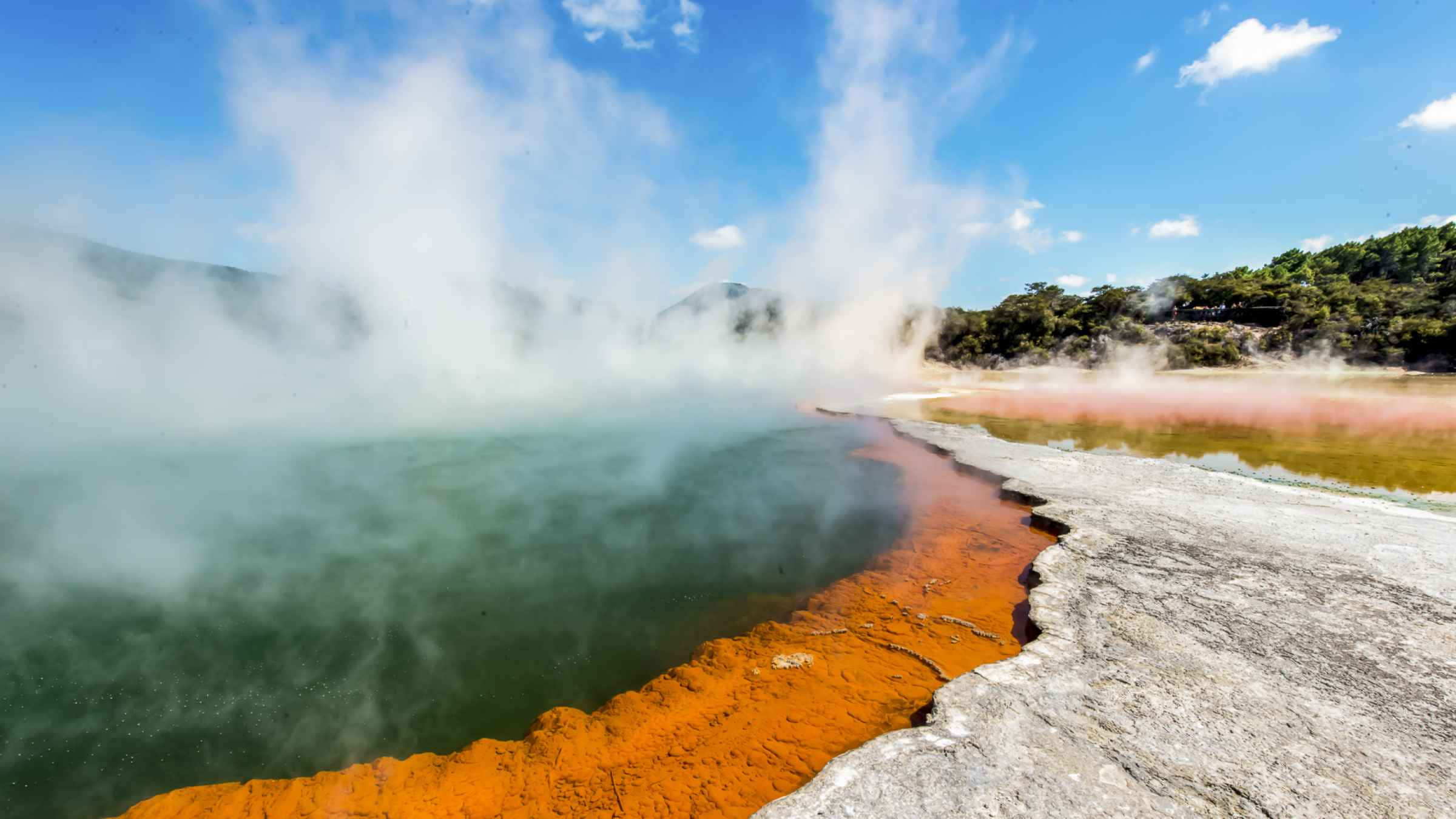 Rotorua, geothermal pool, vibrant orange mineral edges, Full HD Desktop Wallpaper