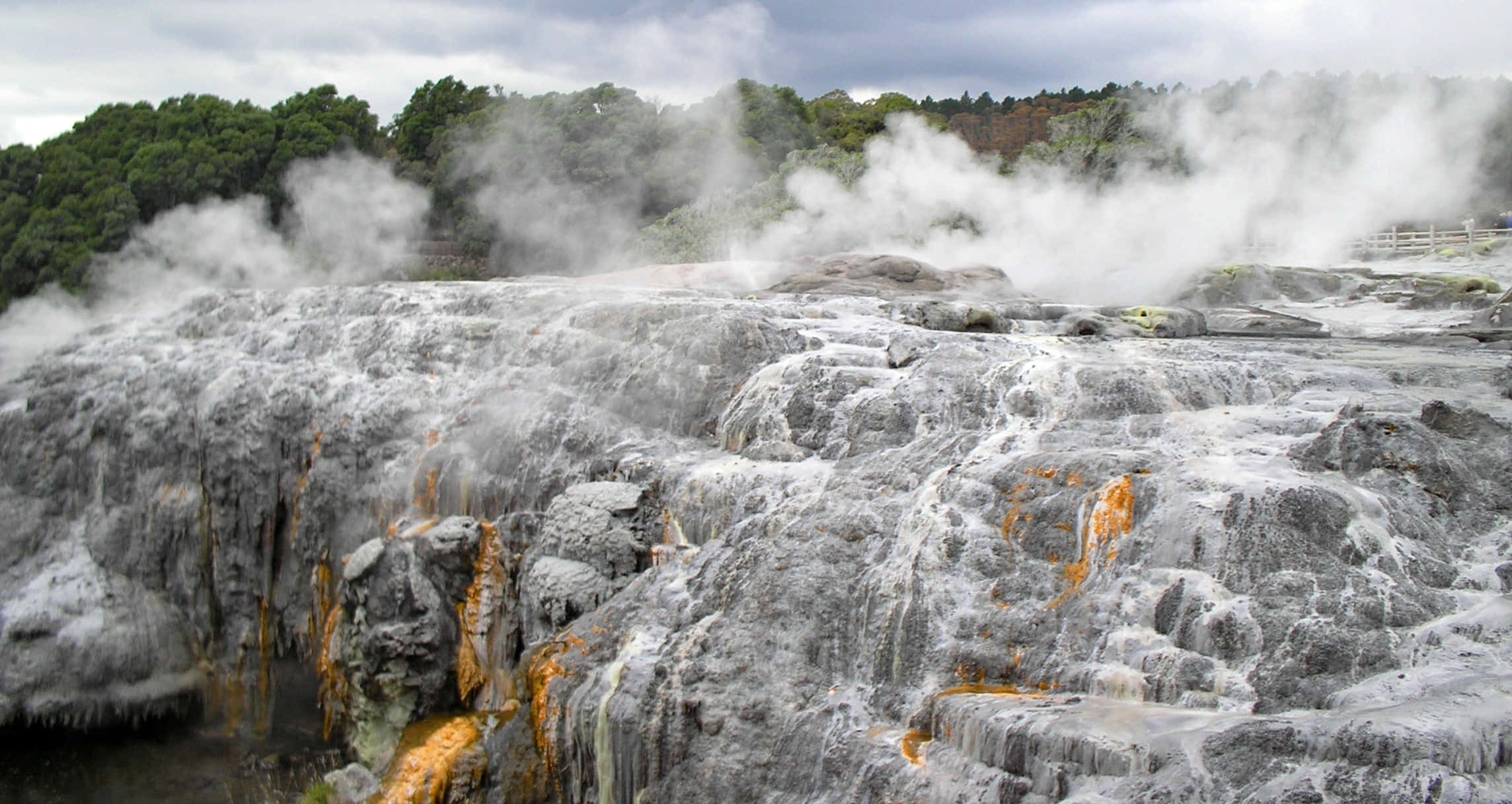 Rotorua, geothermal terraces, steaming geothermal waters, Full HD Desktop Wallpaper