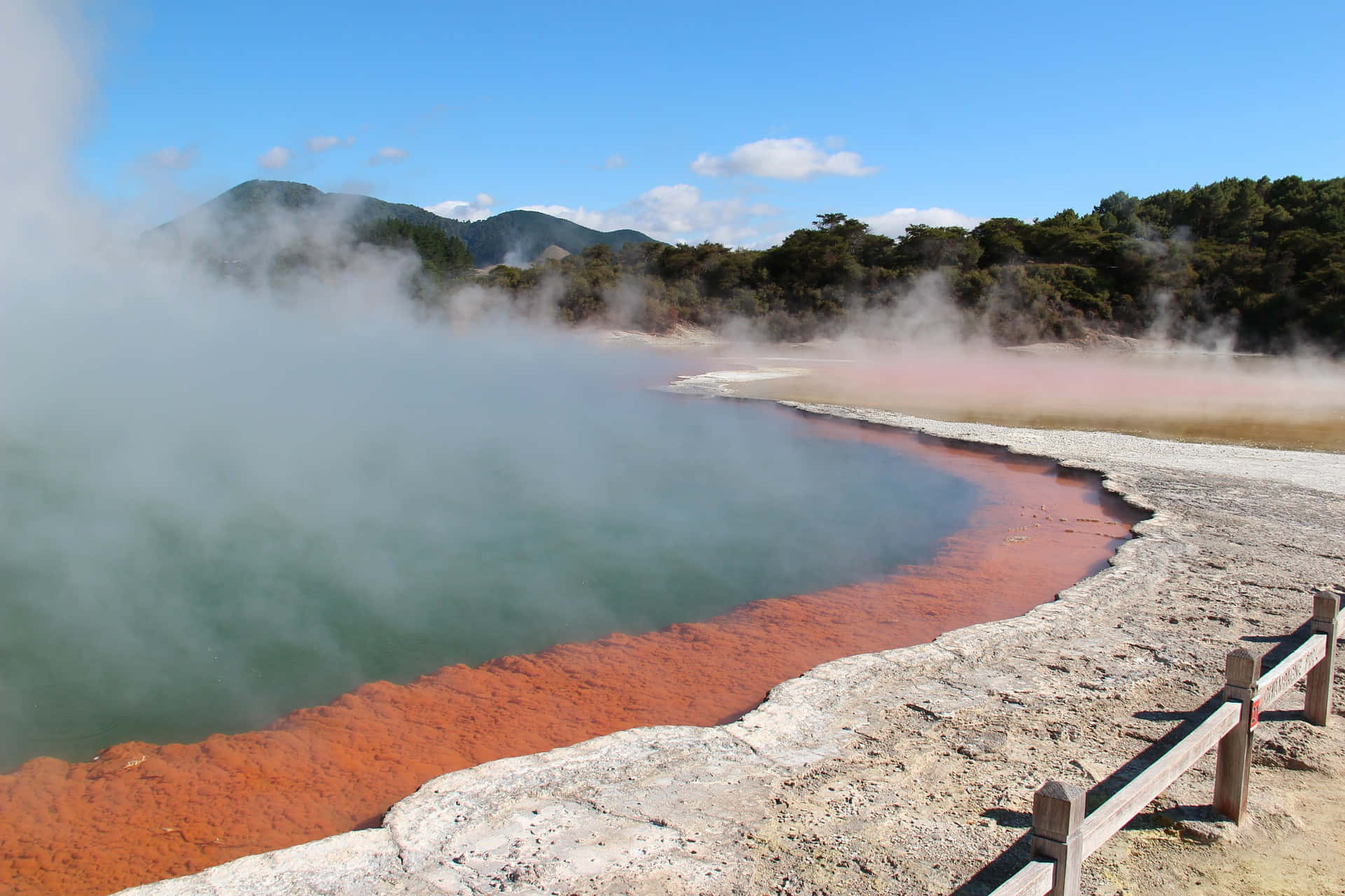 Rotorua, geothermal champagne pool, vibrant orange mineral edges, Full HD Desktop Wallpaper