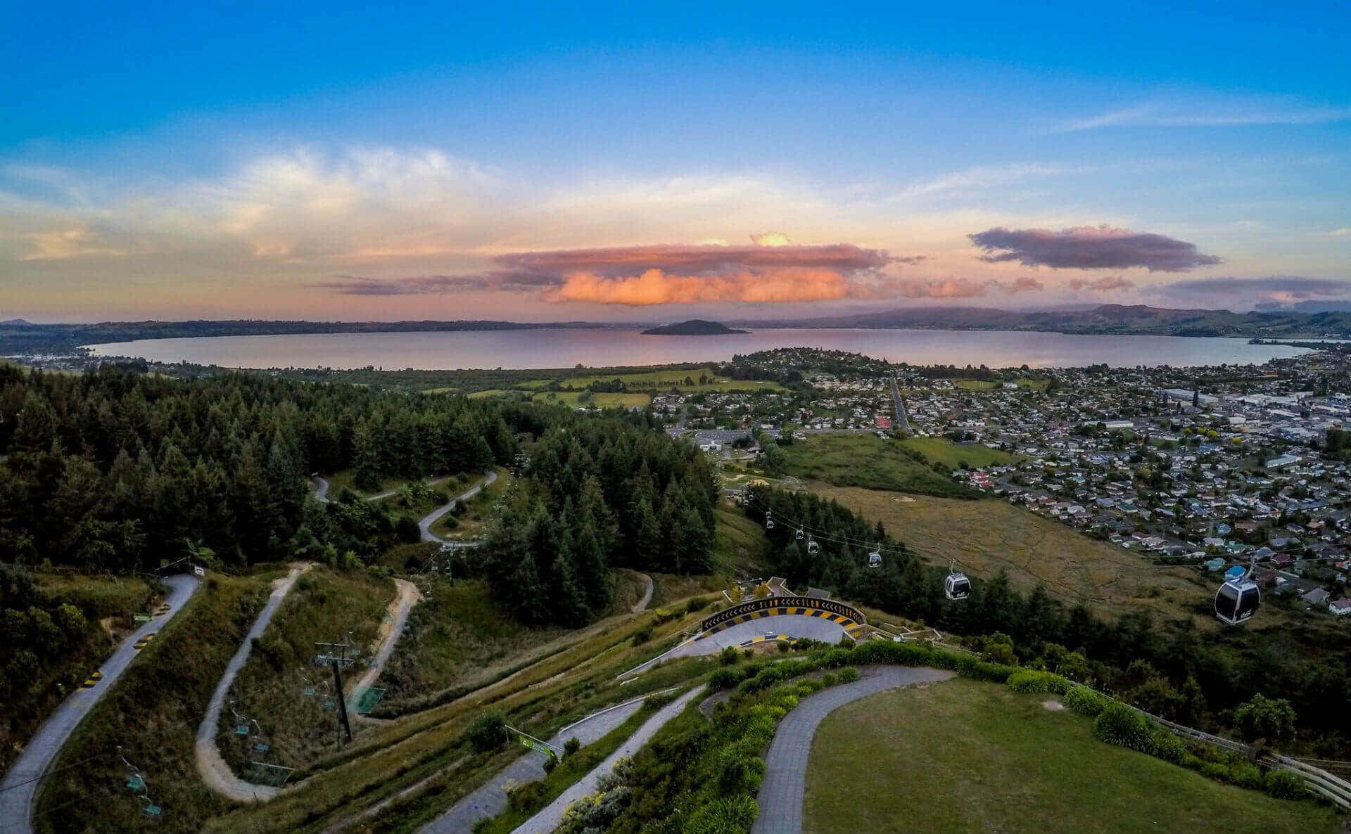 Rotorua, sunset, aerial view, Full HD Desktop Wallpaper