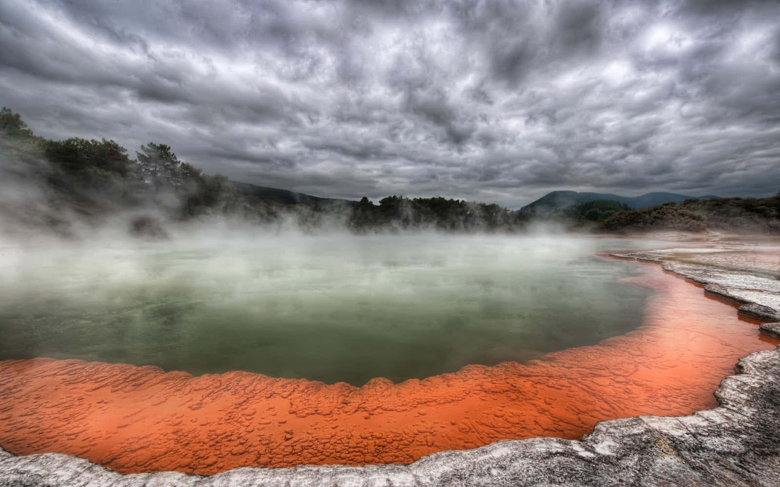 Rotorua, geothermal pool, vibrant orange mineral rims, HD Desktop Wallpaper