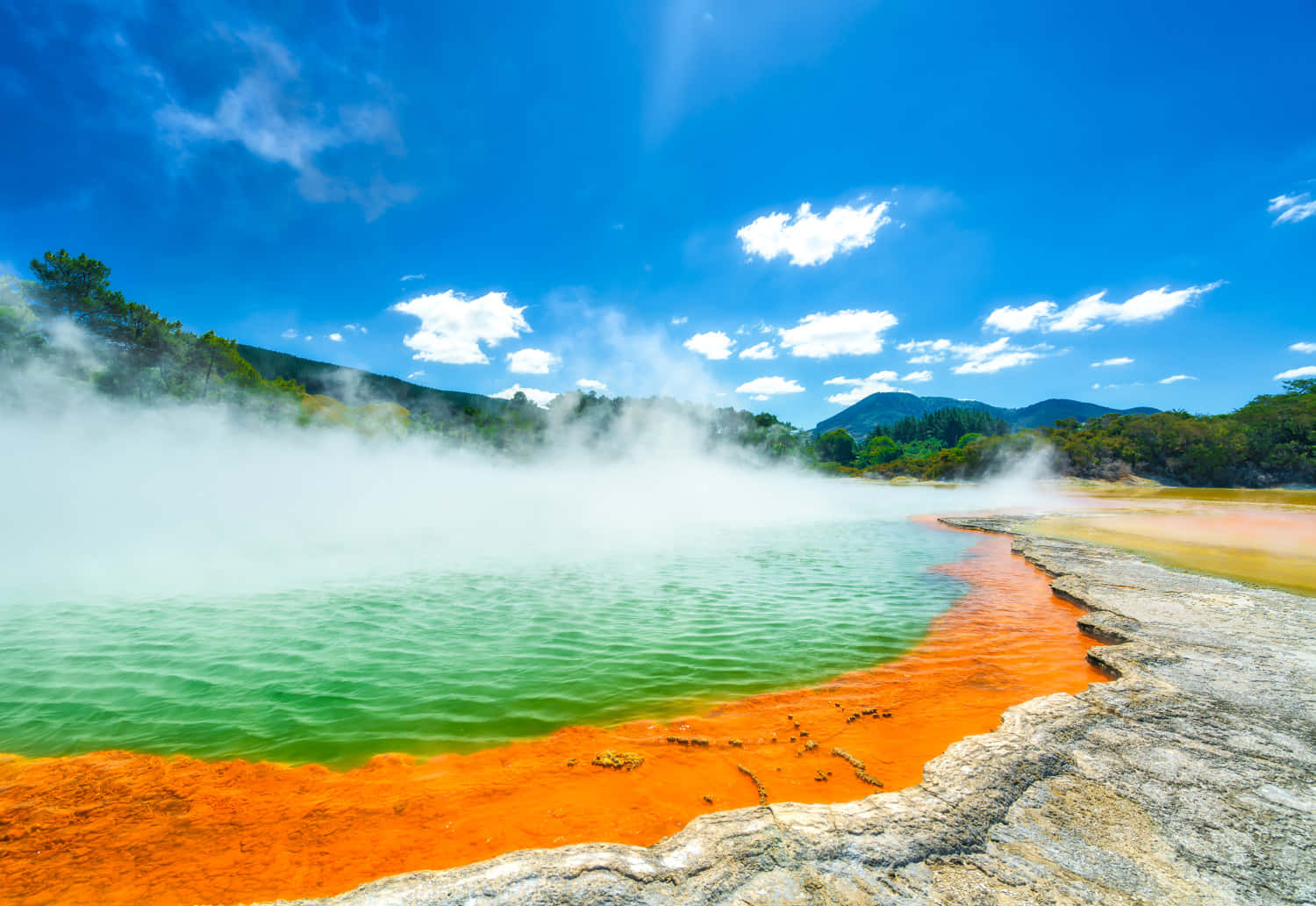 Rotorua, turquoise thermal pool, orange mineral rim, HD Desktop Wallpaper