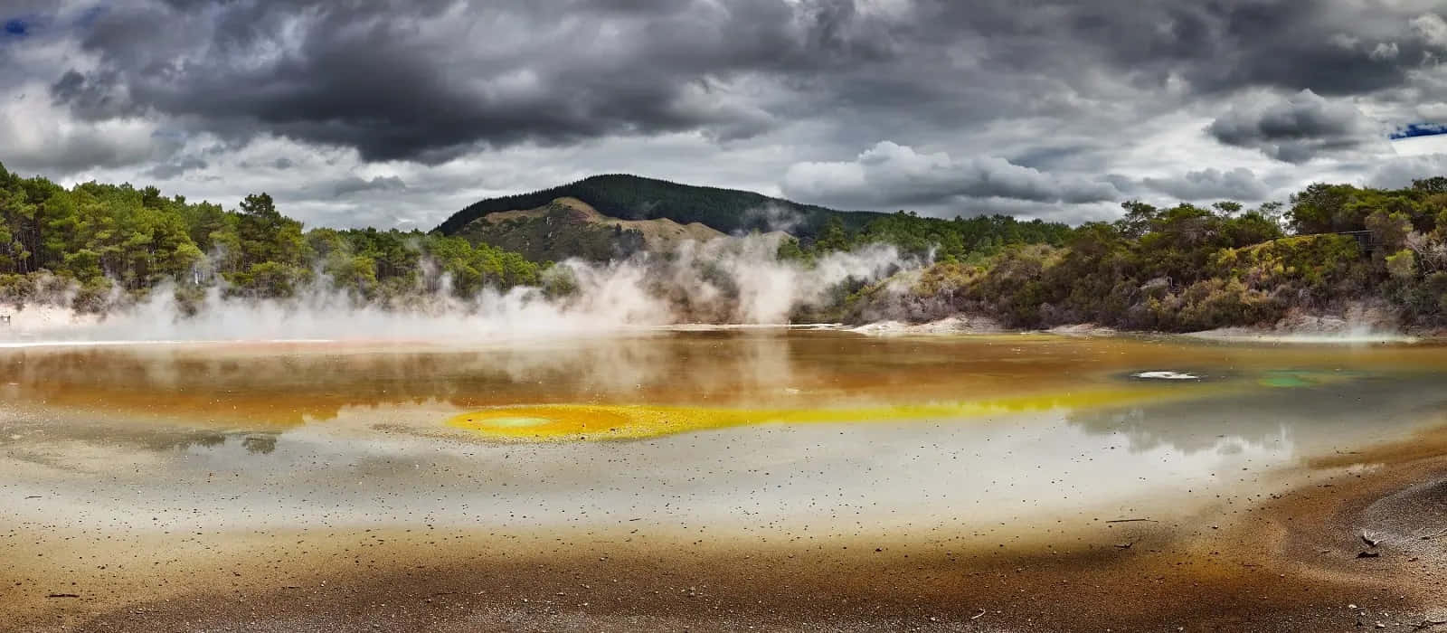 Rotorua, geothermal pool, vibrant yellow mineral deposits, HD Desktop Wallpaper