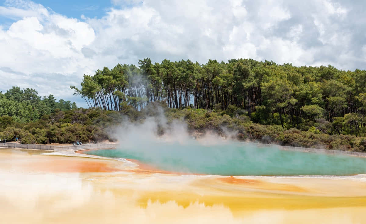 Rotorua, turquoise geothermal pool, orange mineral shores, SD Desktop Wallpaper