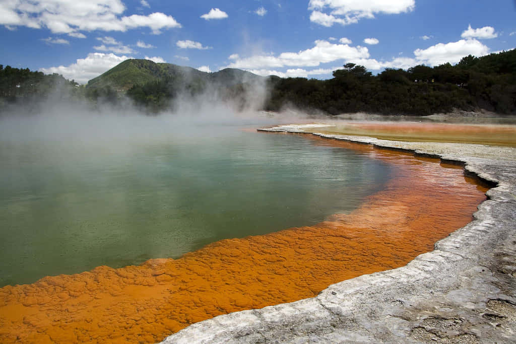 Rotorua, geothermal pool, vibrant orange mineral deposits, SD Desktop Wallpaper