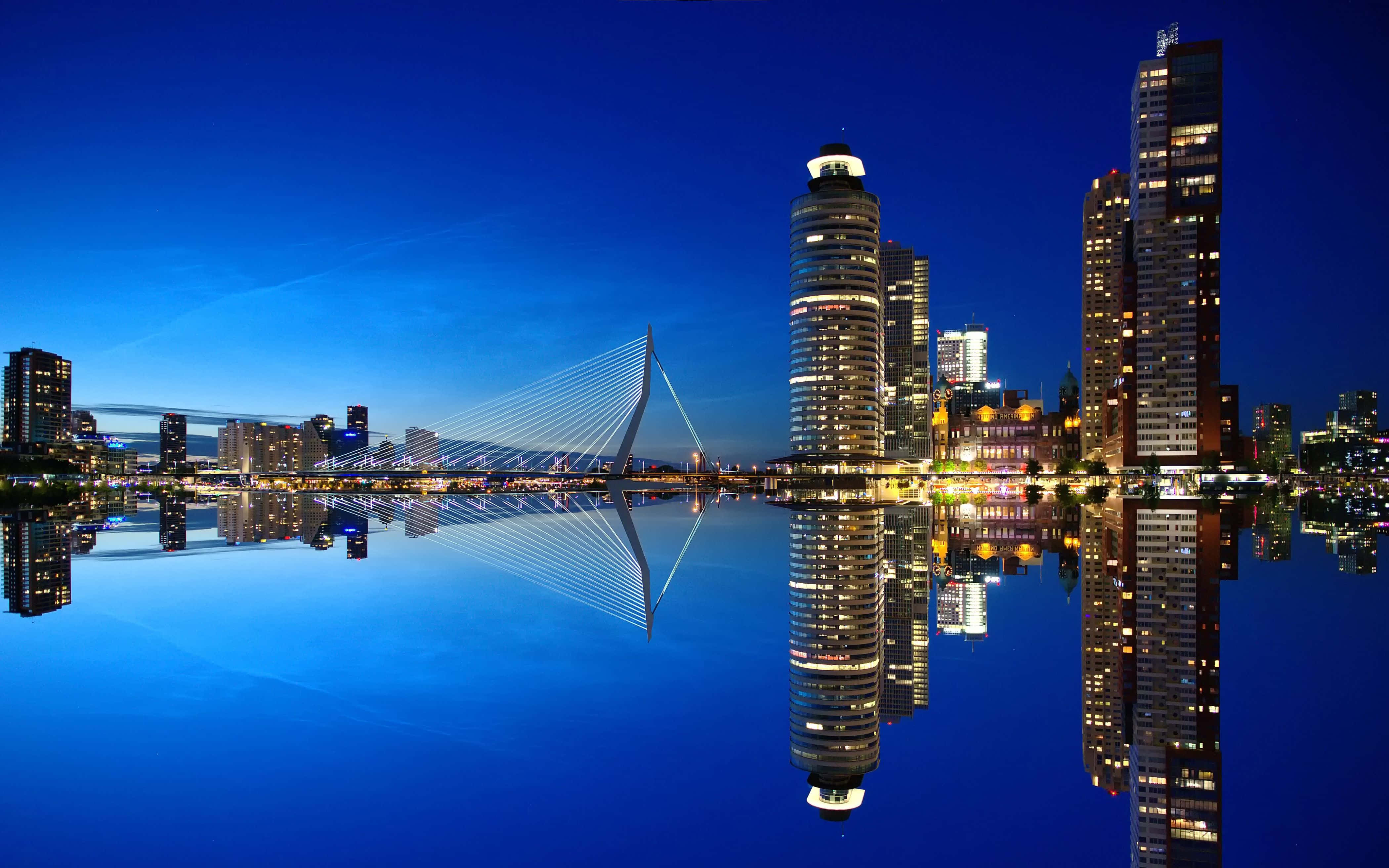 Rotterdam skyline, twilight cityscape, illuminated skyscrapers, 4K Desktop Wallpaper