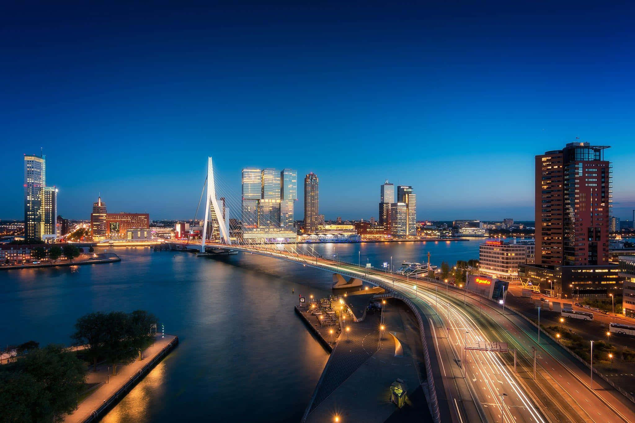 Rotterdam skyline, dusk view, glowing bridge, Full HD Desktop Wallpaper