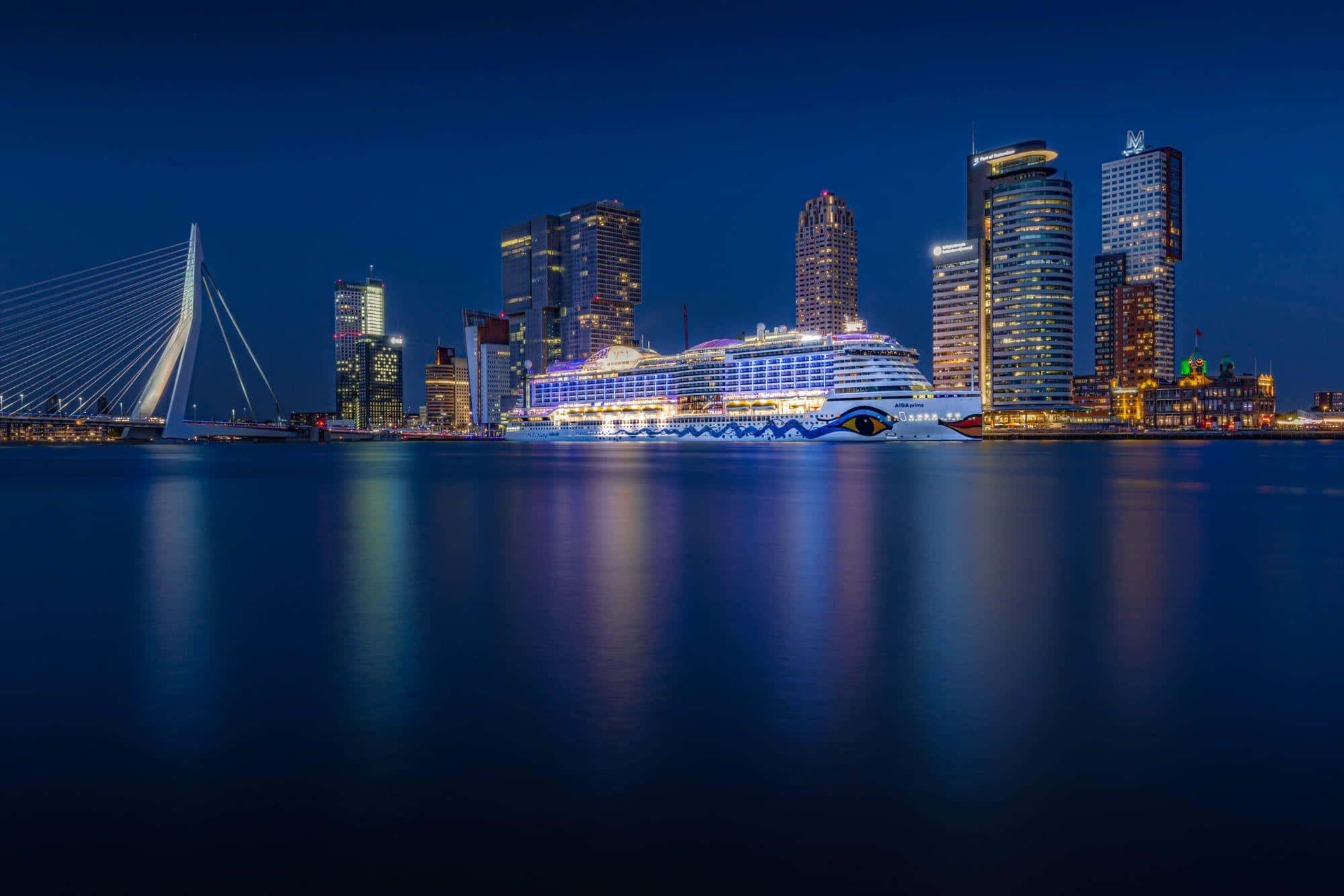 Rotterdam skyline, cruise ship, twilight, Full HD Desktop Wallpaper